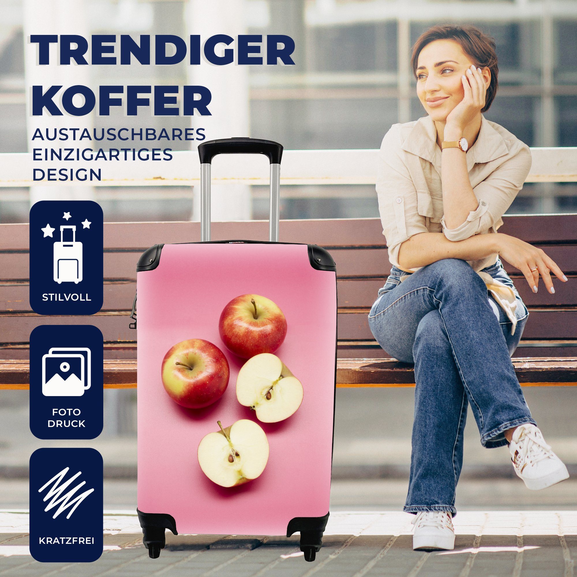 Rollen, mit Apfel Reisekoffer - Trolley, - Rosa, Reisetasche rollen, Ferien, 4 Handgepäckkoffer Handgepäck MuchoWow für Obst