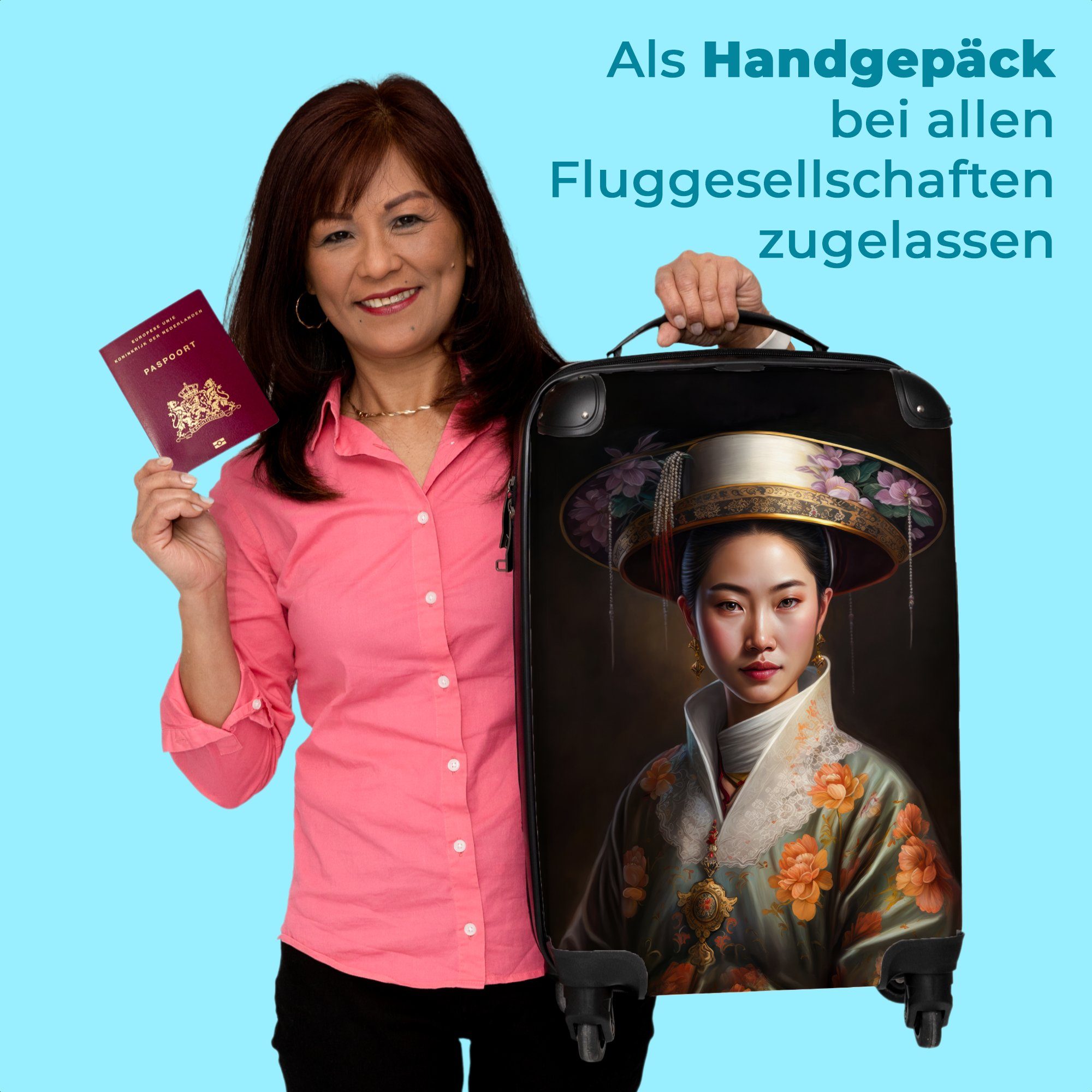 NoBoringSuitcases.com© Handgepäckkoffer 55x35x20cm Frauen - Trolley Kleine 4 Asiatisch Rollen, Rollkoffer Cabin Handgepäck Porträt, Blumen mit Rollen 4 - - Reisekoffer 