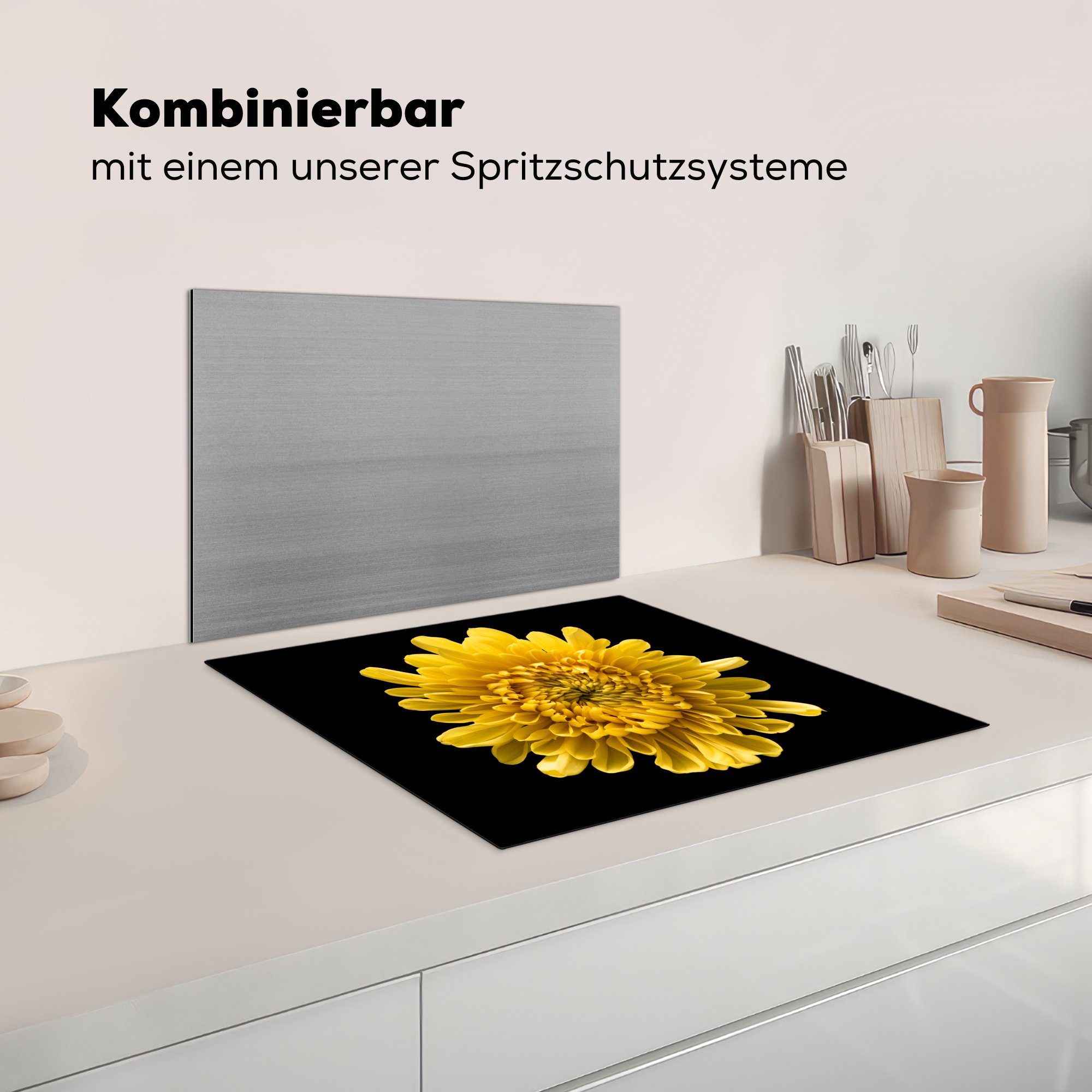 Vinyl, Induktionsmatte MuchoWow die Chrysantheme Herdblende-/Abdeckplatte (1 Gelb, - Blume Ceranfeldabdeckung - tlg), für küche, 59x52 cm,