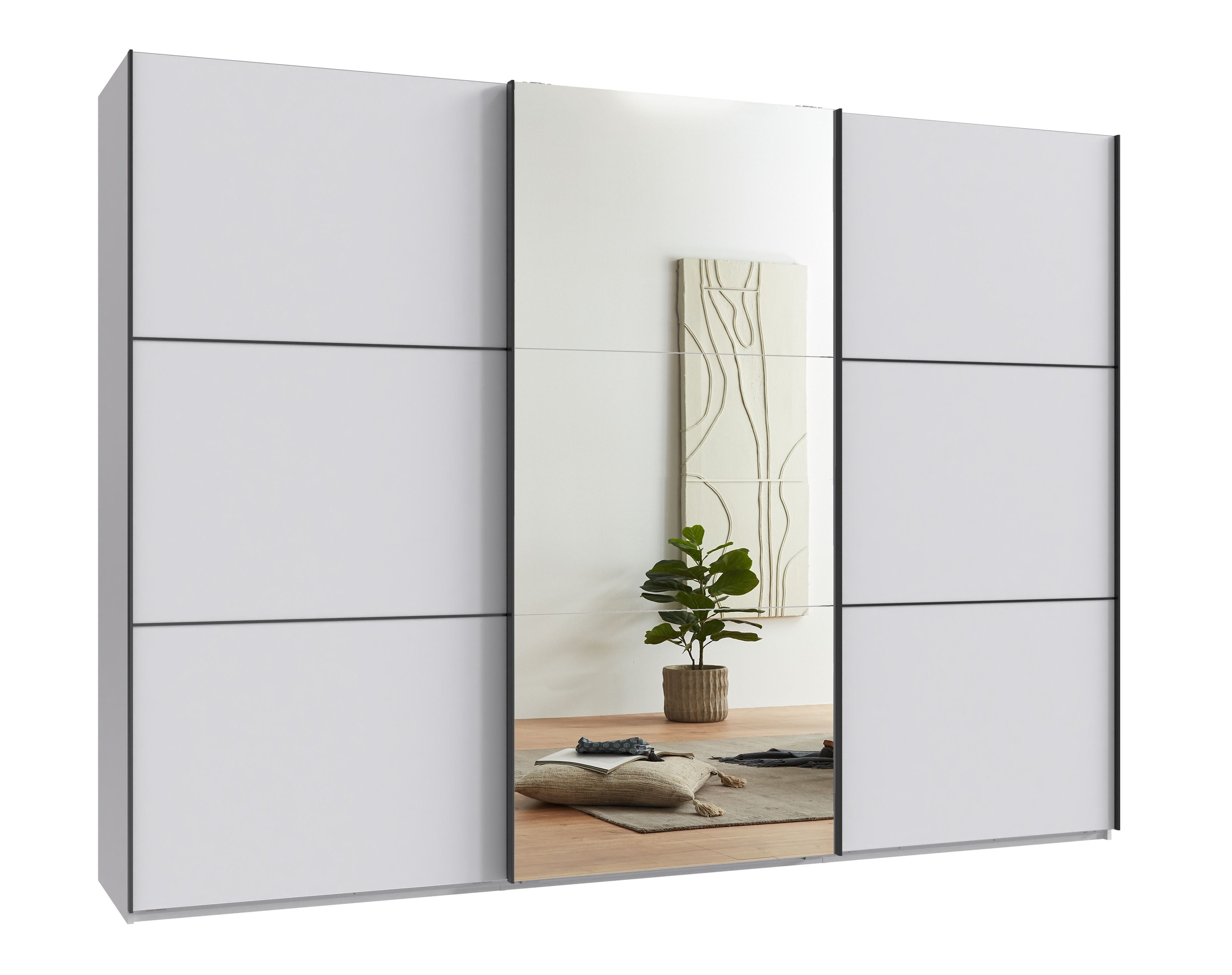 luma-home Schwebetürenschrank 22019 (3-türiger Kleiderschrank mit Vollausstattung als optimale Stauraumlösung) B300/H216/T65 cm in Weiß mit Spiegel und schwarzen Griffleisten