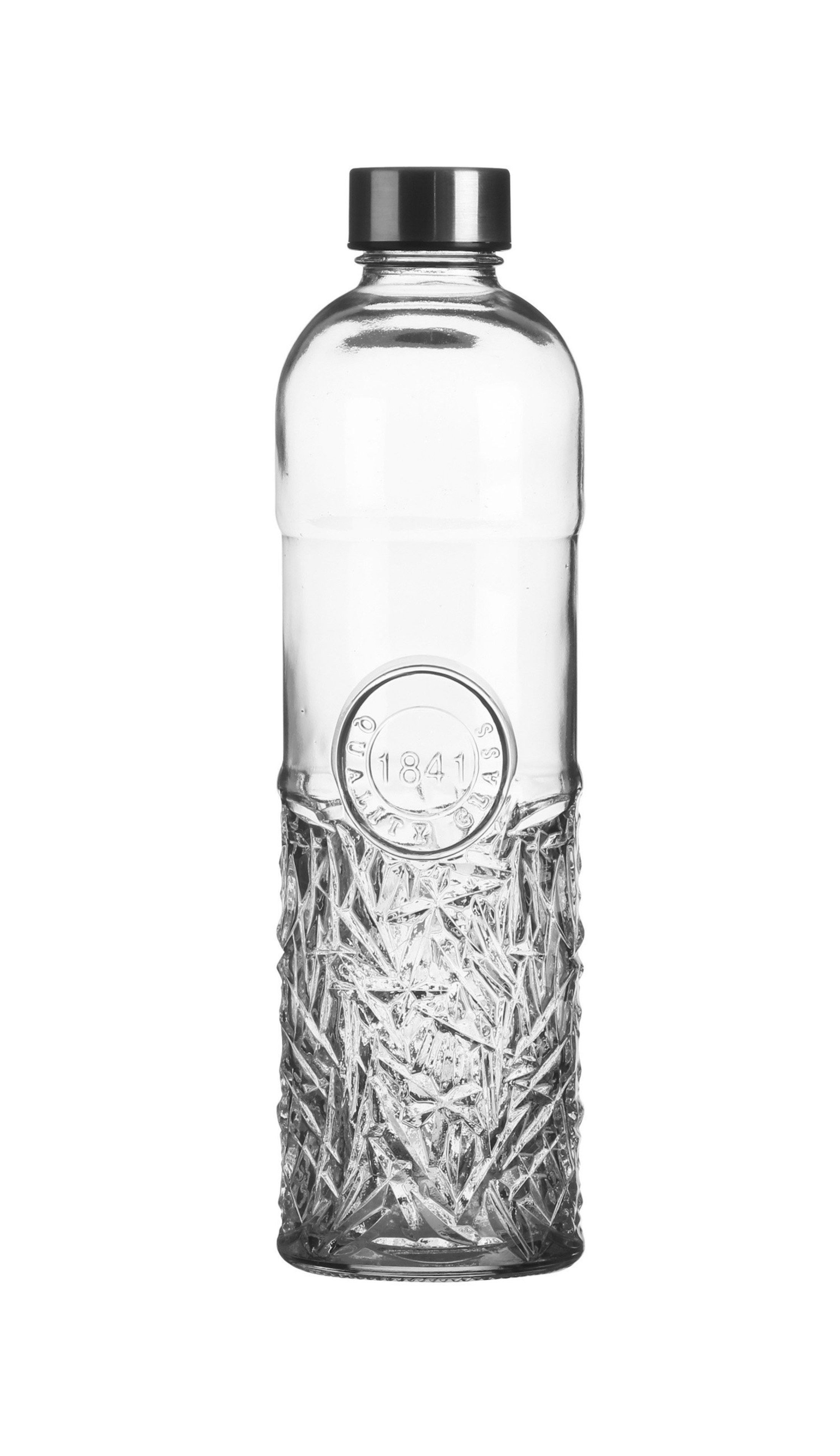 WestCraft Trinkflasche Oriental 1 Liter Schliff Glas Flasche Wasserflasche Glasflasche, weicher Silikon-Ring (im Edelstahl Deckel), kratzfest, Qualitätsglas
