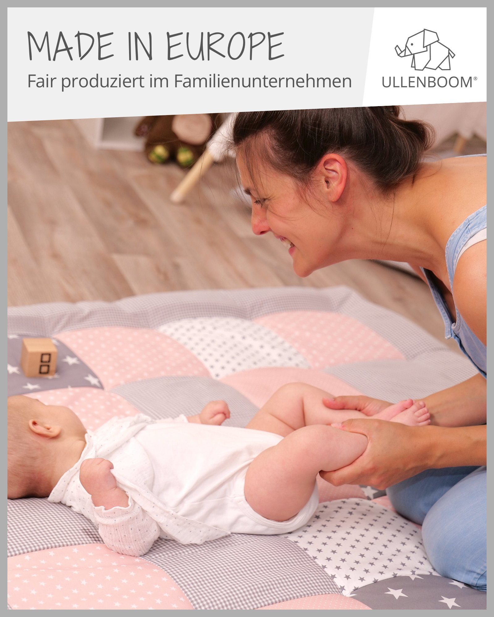 Krabbeldecke Baby Krabbeldecke 100x100 ®, cm "Rosa Außenstoff Baumwolle ULLENBOOM (Made in gepolstert, Dick Grau" 100% EU)