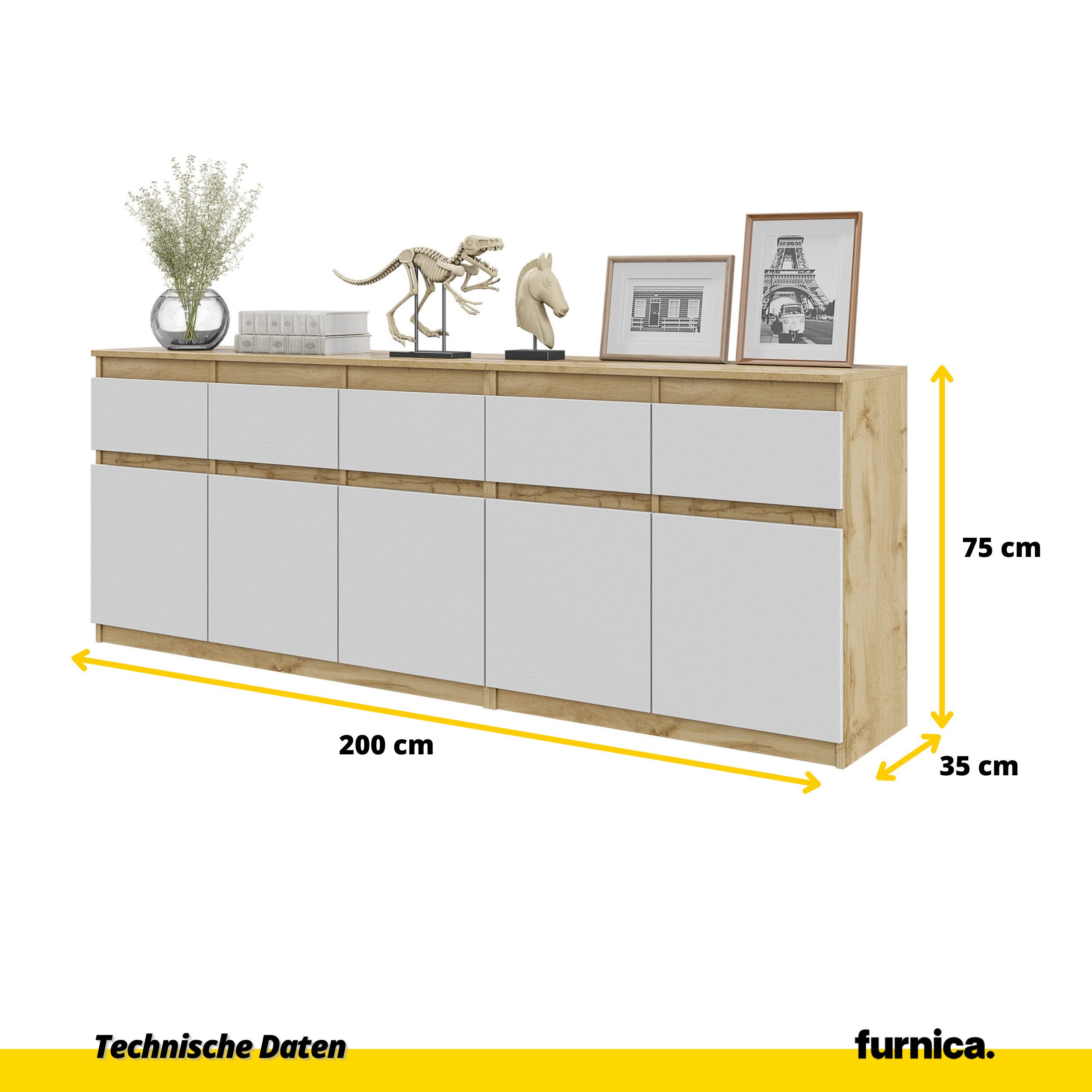 Furnica Kommode NOAH, 5 Schubladen und 5 Türen - Votan Eiche H75cm B200cm T35cm