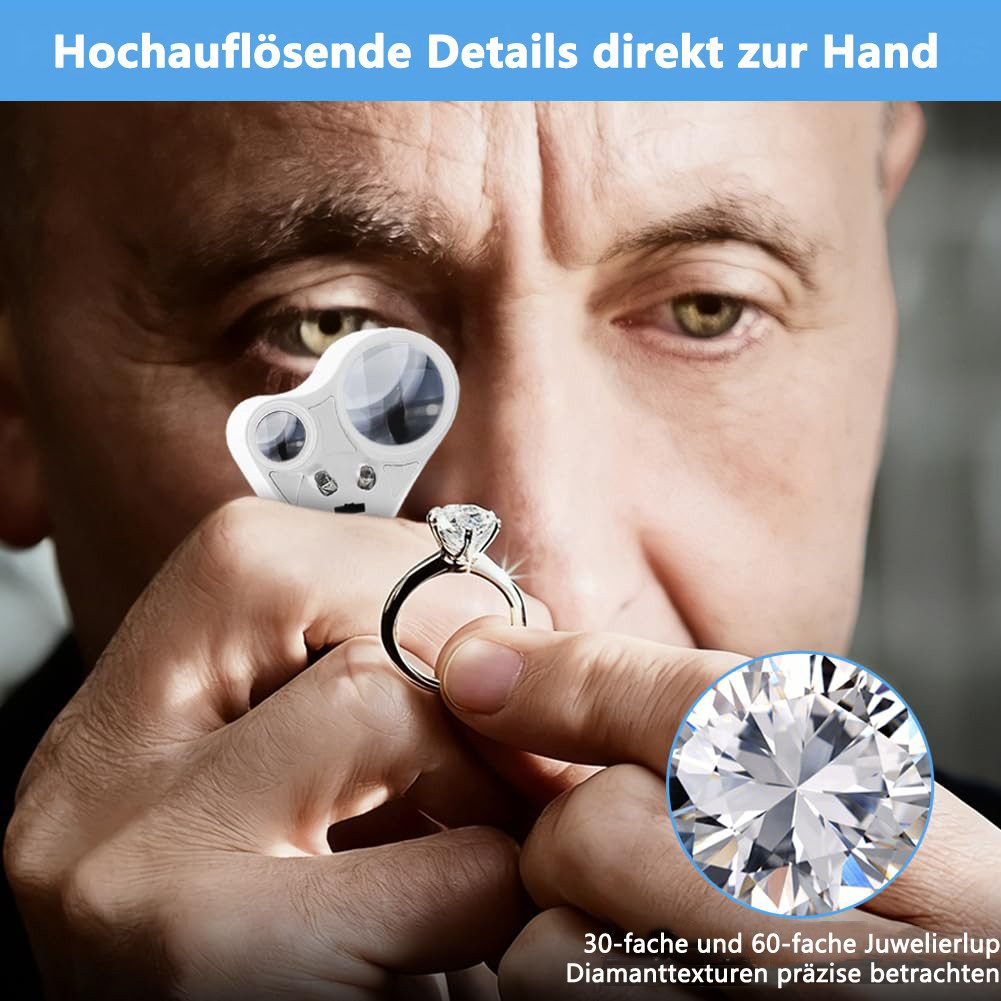 nsihing Lupenbrille Juwelier Lupe, 30X and 60X Vergrößerung, Metall Faltlupe mit LED, für Diamanten, Edelsteine, Schmuck, Briefmarken, Münzen – Bild 4 von 5