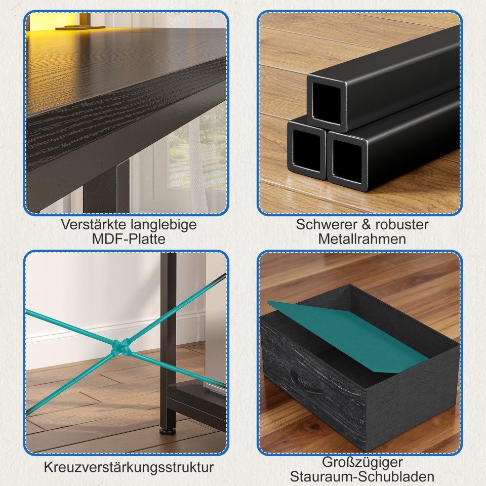Klyvvo Schreibtisch mit 3 Schubladen, Gaming Schreibtisch L Form mit LED (1-St), mit Stauraum für Homeoffice und Gaming, Schwarz