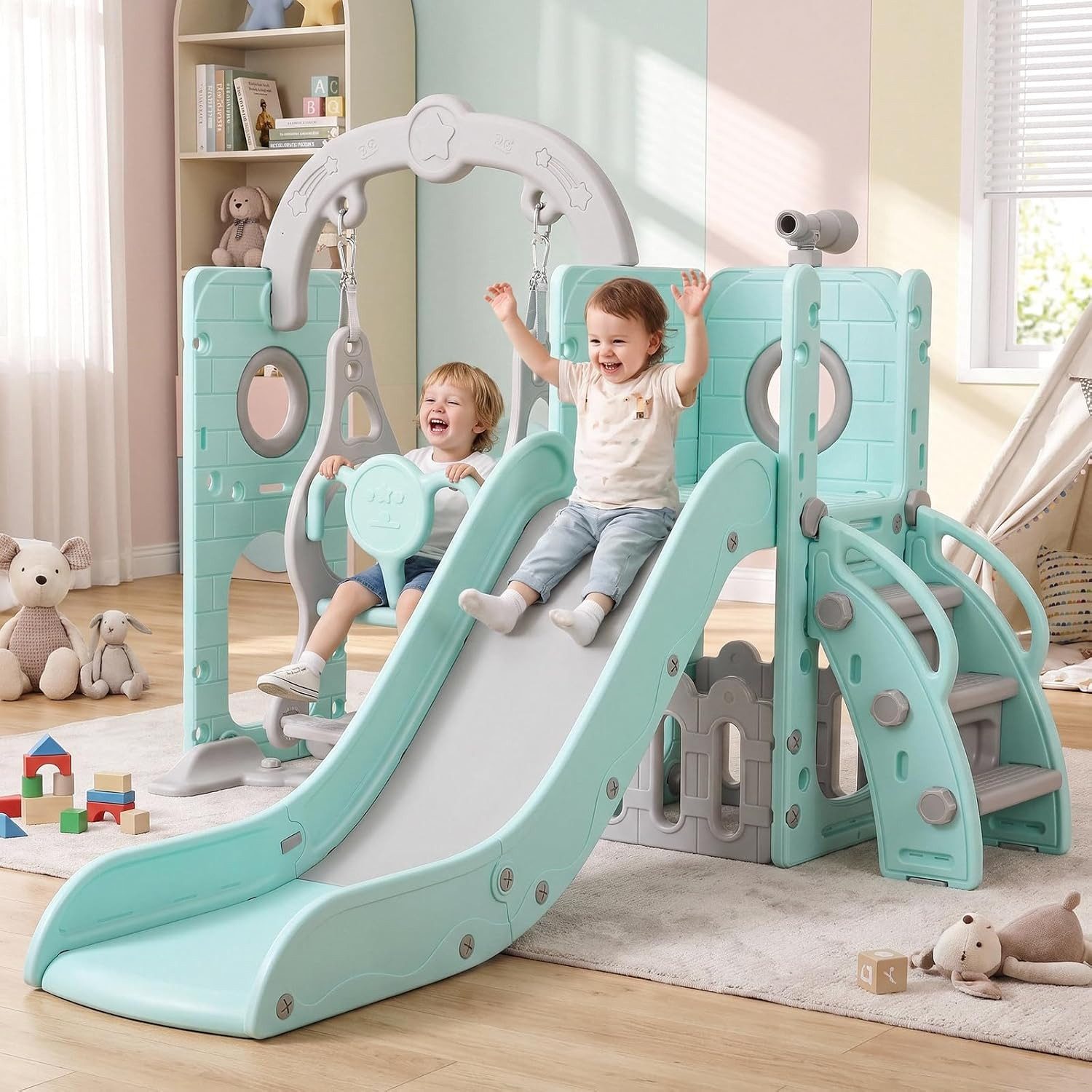 TLGREEN Rutsche 5-in-1 Kinderrutsche, Gartenrutsche Breite Stufen und Griffe, (Indoor und Outdoor Freistehende Rutsche), Kinderrutsche mit Schaukel, Klettergerüst, Spielplatz für Kleinkinder