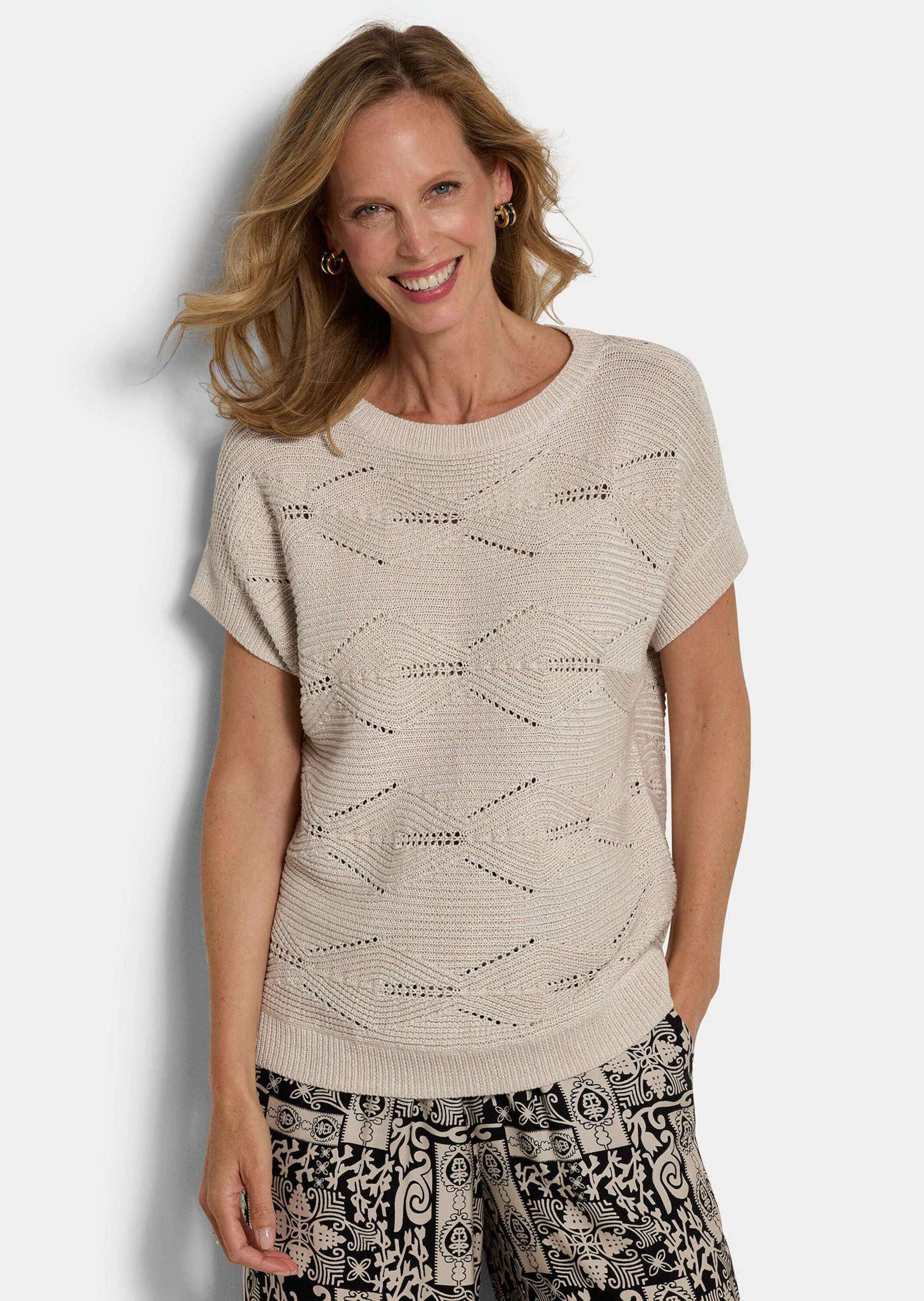 GOLDNER Strickpullover Baumwollpullover mit Rautenstruktur Ajourpullover mit U-Boot-Ausschnitt, Rippenbündchen und Viertelarm