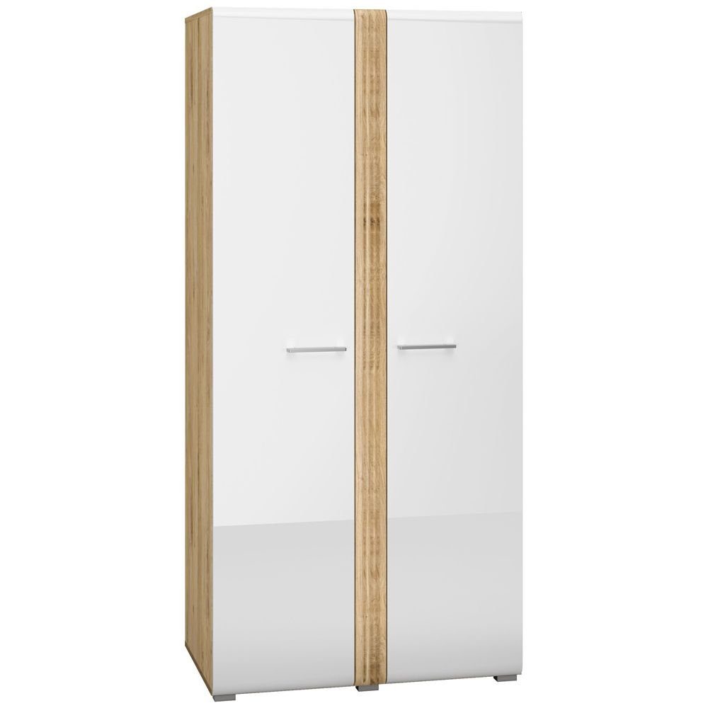 Lomadox Kleiderschrank AKRON-131 Garderobenschrank mit 2 Kleiderstangen Eiche Nb. mit weiß Hochglanz