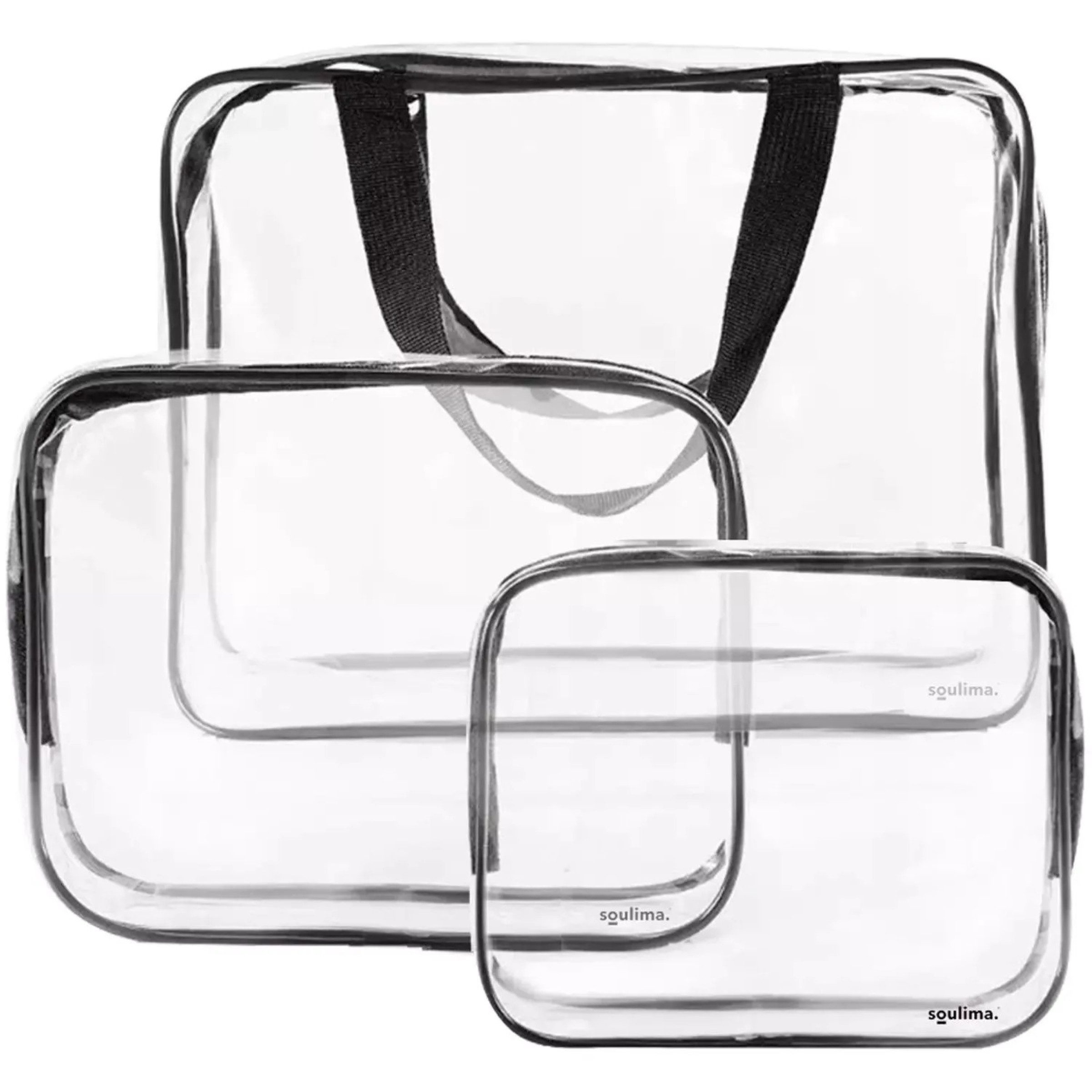soulima Kosmetiktasche Kosmetiktasche Transparente Kosmetiktaschen 3er Set Reise Organizer (Kulturbeutel Set transparent in verschiedenen Größen mit Griffen, 3-tlg., Kosmetiktaschen Set 3teilig für Reise Badezimmer und Handgepäck), Wasserabweisendes PVC Organizer Set mit Reißverschluss fürs Flugzeug
