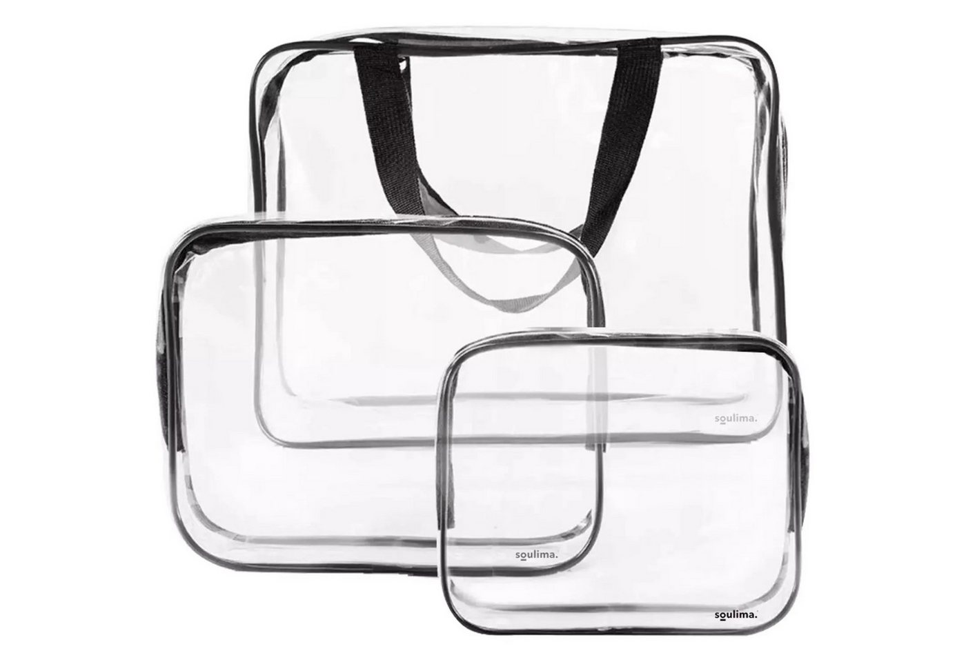 soulima Kosmetiktasche Kosmetiktasche Transparente Kosmetiktaschen 3er Set Reise Organizer (Kulturbeutel Set transparent in verschiedenen Größen mit Griffen, 3-tlg., Kosmetiktaschen Set 3teilig für Reise Badezimmer und Handgepäck), Wasserabweisendes PVC O