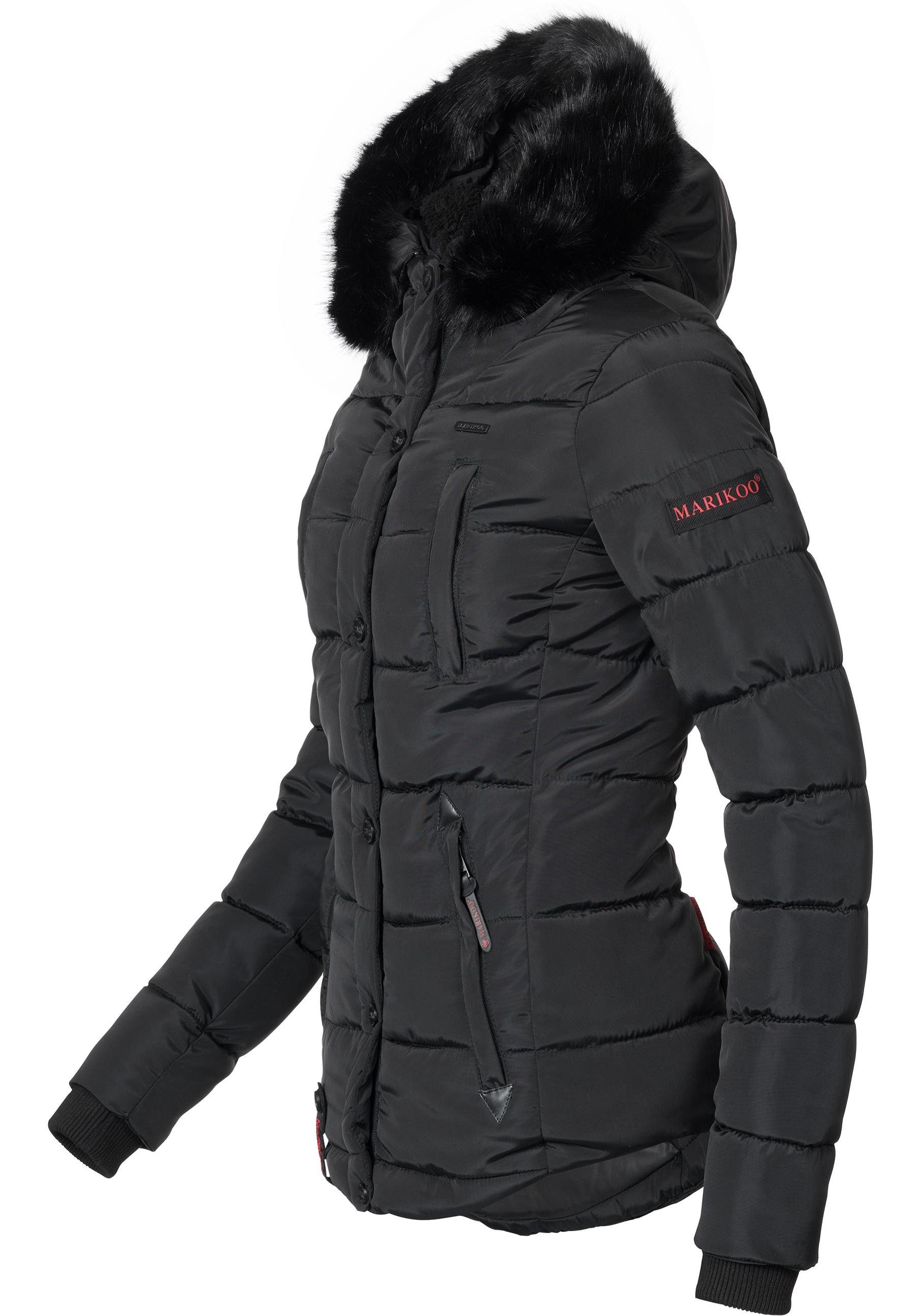 Marikoo edler hochwertige Steppjacke mit Lotusblüte Jacke Kunstpelz Kapuze Winter schwarz