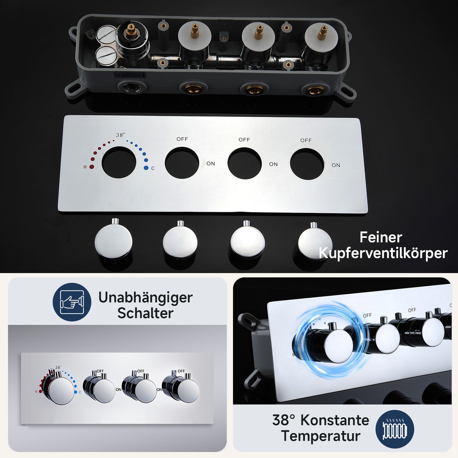 Oihpaw Shower System with Thermostatic Shower Head with LED Light, Hand Shower, 3 Spray Patterns, Chrome Fittings