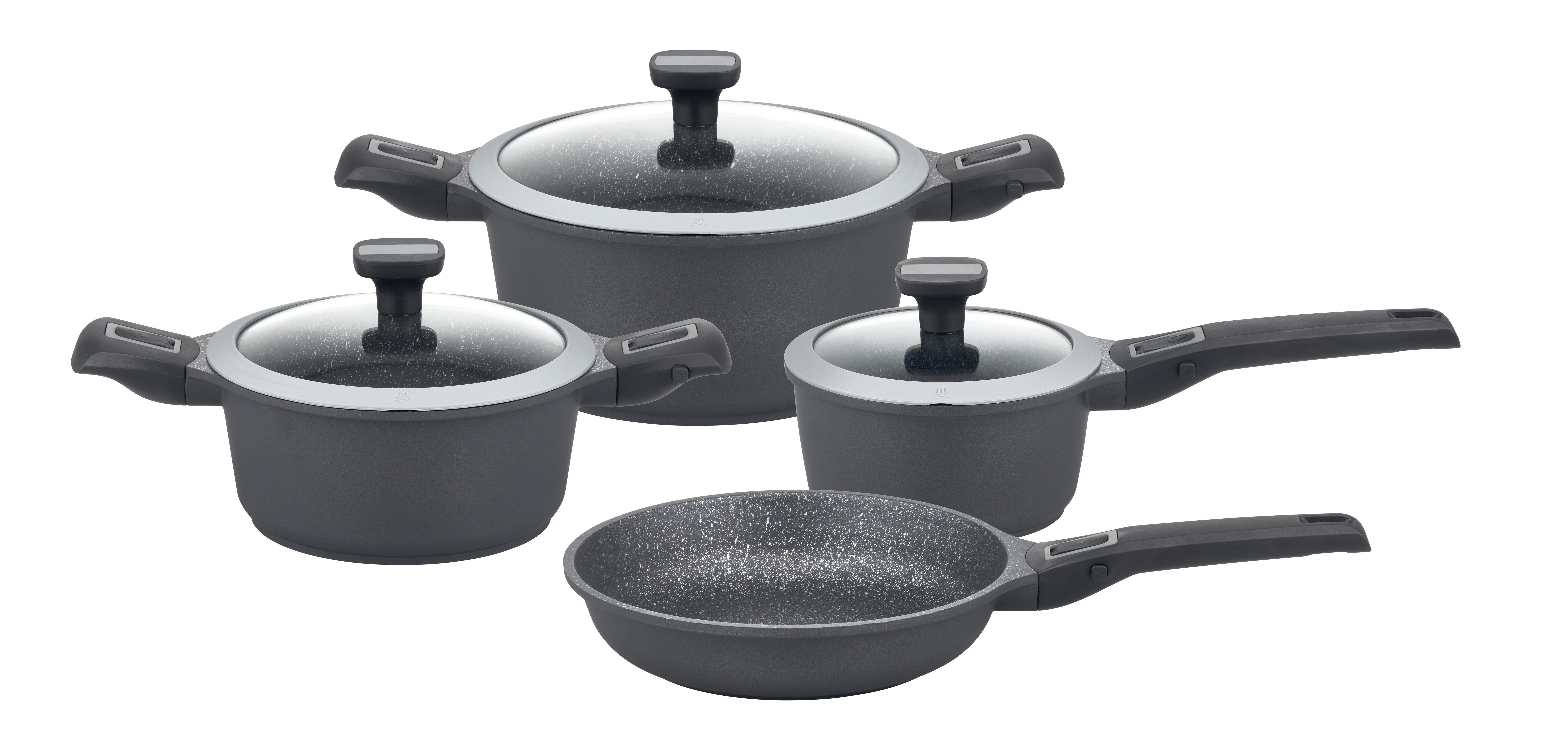 GSW Topf-Set Easy Click, Aluminiumguss (Set, 7-tlg., Kochtopf 20/24 cm, 1 Stielkasserolle 16 cm, 1 Bratpfanne 24 cm), Induktion