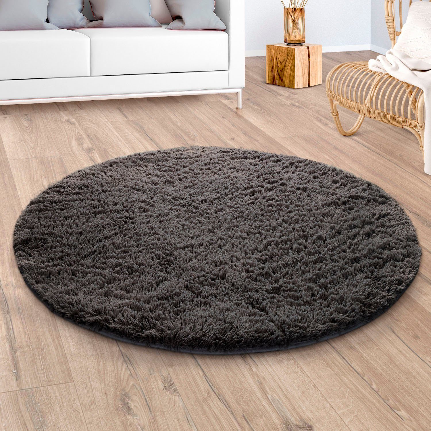 Paco Home Hochflor-Teppich Silky 591, rund, Höhe: 37 mm, Uni Farben, besonders weich und kuschelig