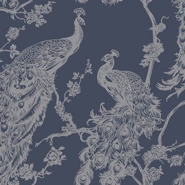 DUTCH WALLCOVERINGS Fototapete Tapete Pfauen-Motiv Marineblau und Silbern, (1 St)