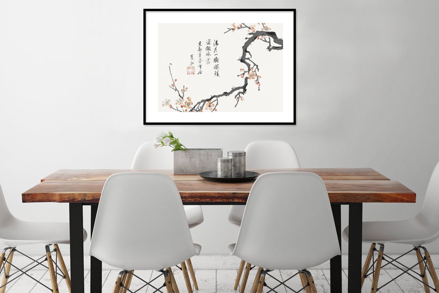Wanddeko, St), Poster Wandposter, Gerahmtes - Japanisch, Poster, (1 MuchoWow Schwarzem Bilder, Blumen - Sakura Bilderrahmen