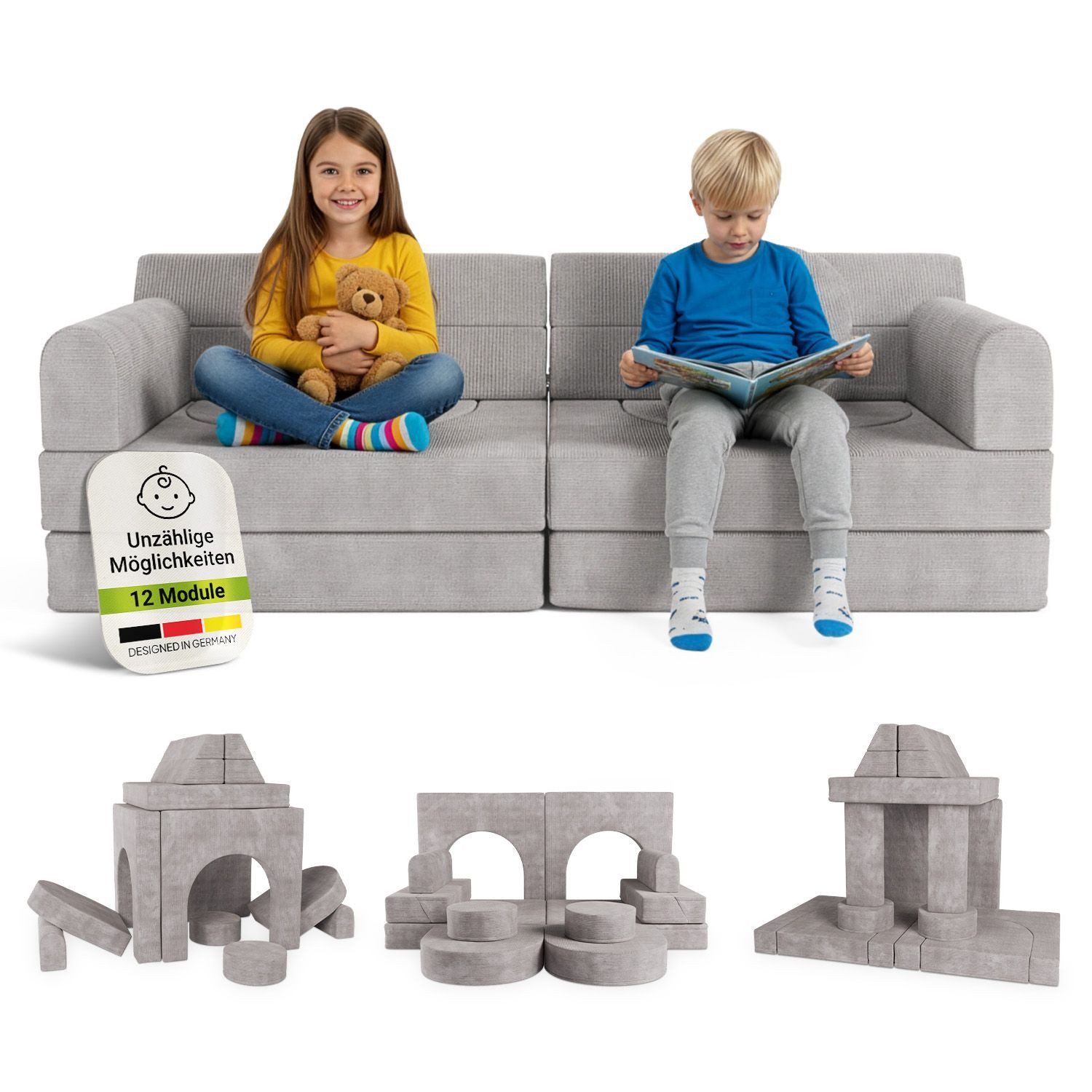 Juskys Kindersofa Kayo, 12 Teile, Modulares Spielsofa, Waschbare Cord-Bezüge, 12-teiliges Set mit Kissen