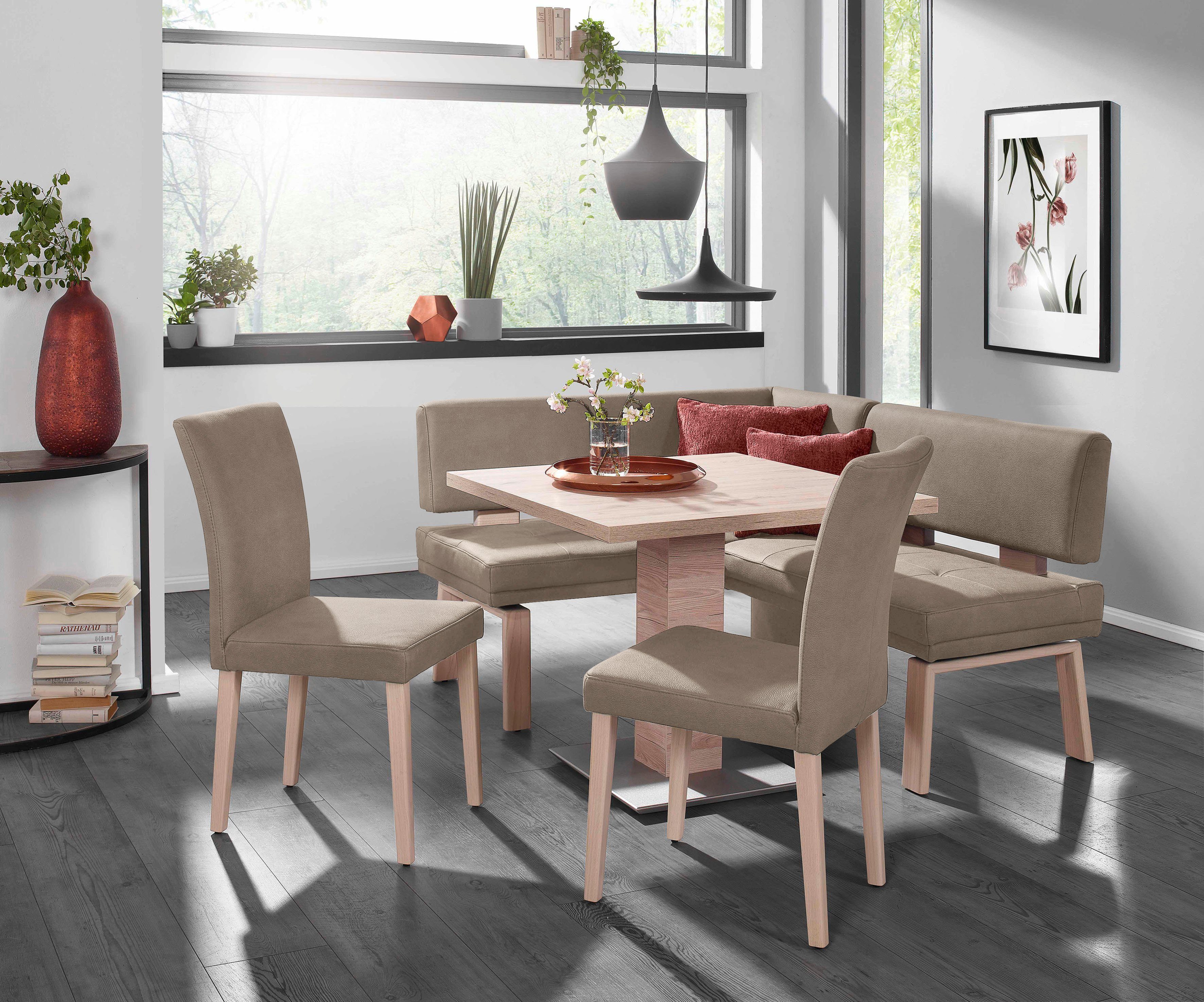 K+W Komfort & Wohnen Eckbankgruppe (Set), Schenkel rechts/links 157cm, I, Tisch Santos und 4 sand Holzstühle zwei 90x90cm