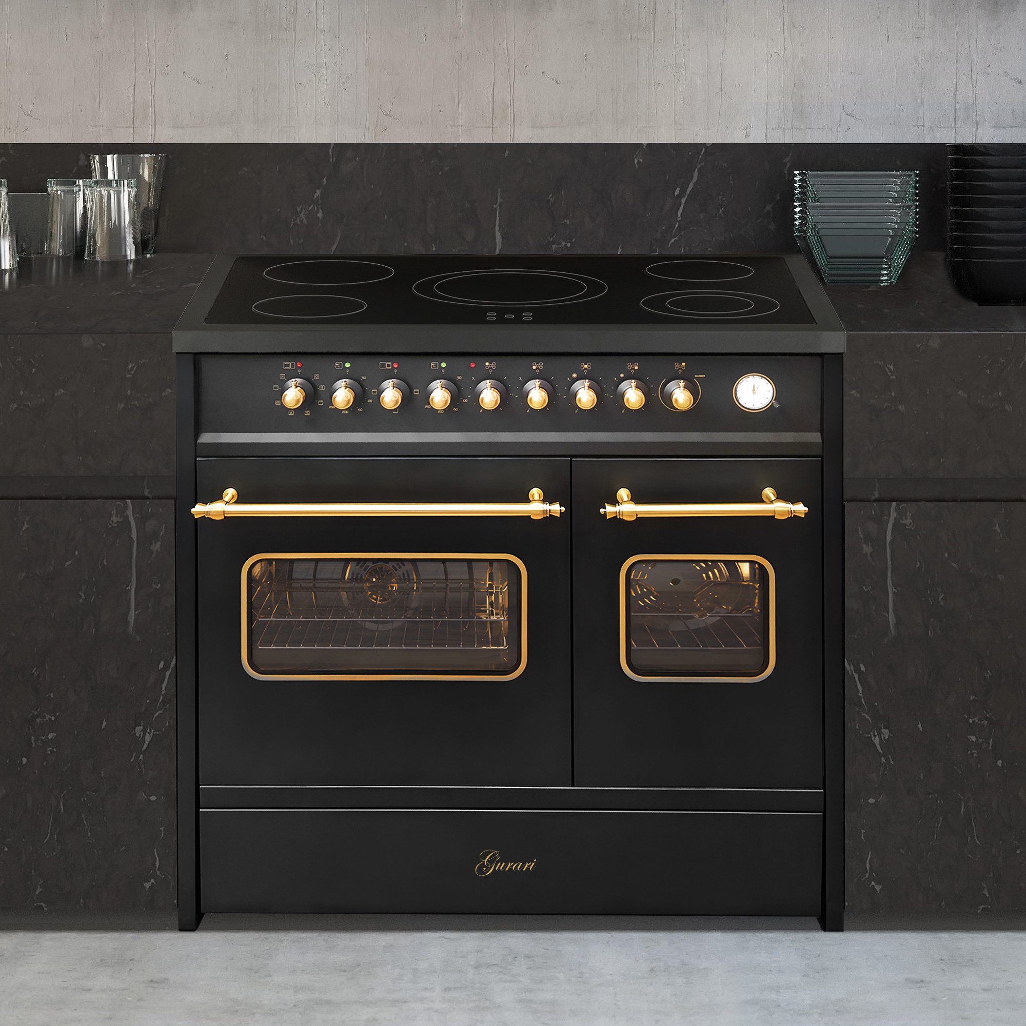 GURARI Elektro-Standherd GCH E 912 DF BL r, mit 1-fach-Teleskopauszug, Elektro Standherd 90 cm, Doppelbackofen, Schwarz, Nostalgie Herd