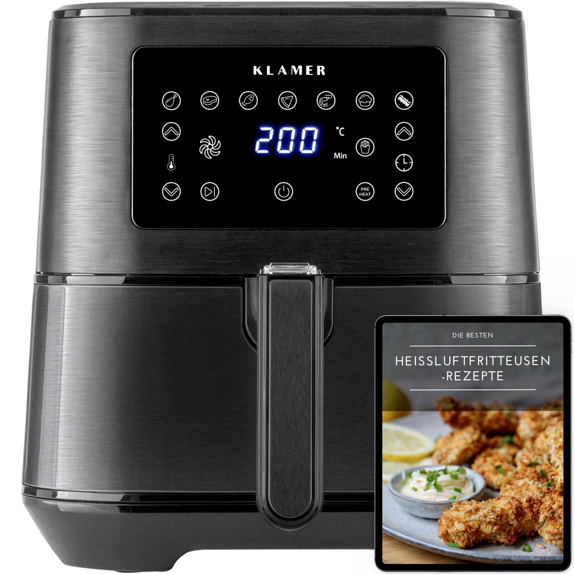 KLAMER Heißluftfritteuse, 1700 W, LED Display, Antihaftkorb, Voreingestellte Kochprogramme, Cool-Touch