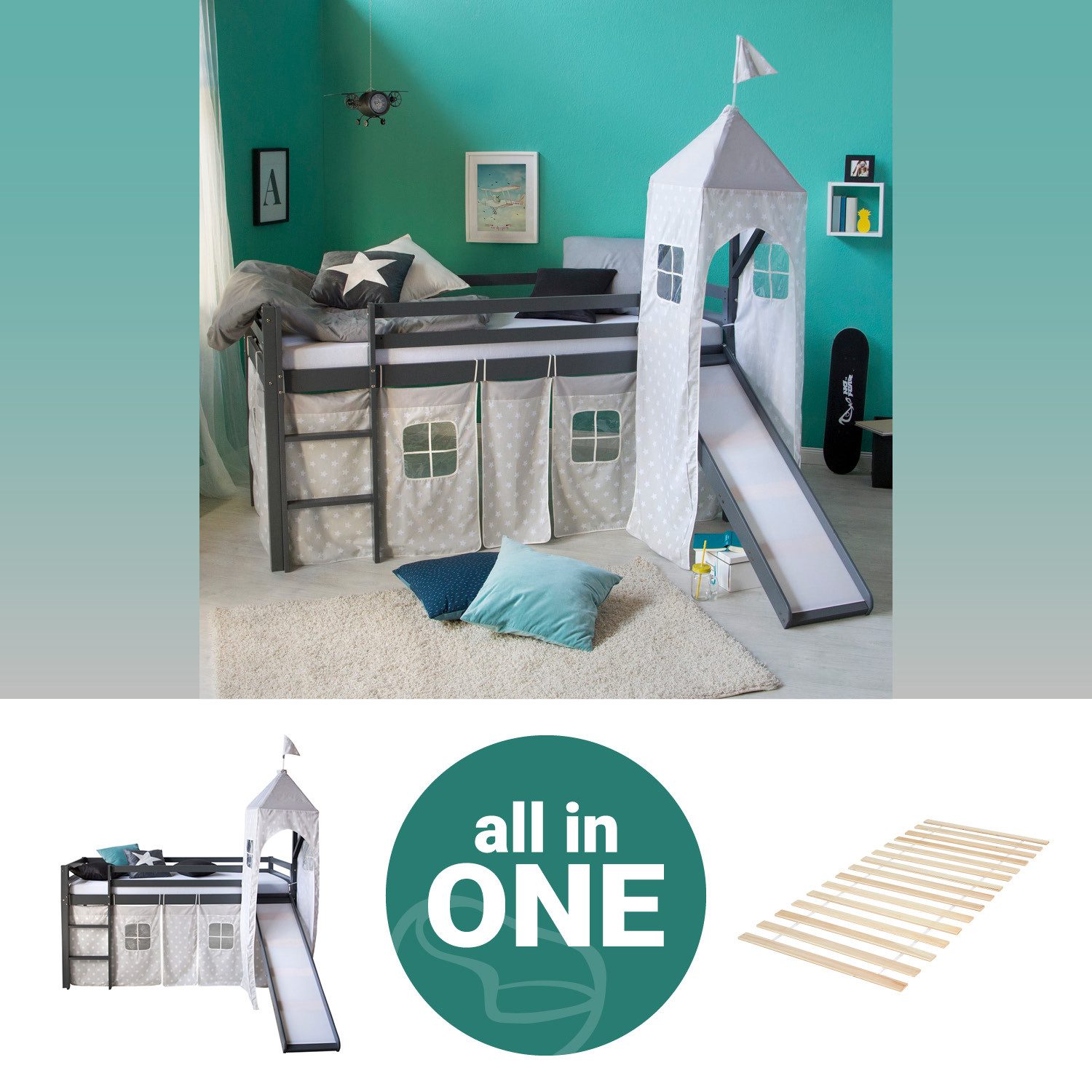 Homestyle4u Kinderhochbett 90x200 Grau mit Lattenrost Rutsche 2780 günstig online kaufen