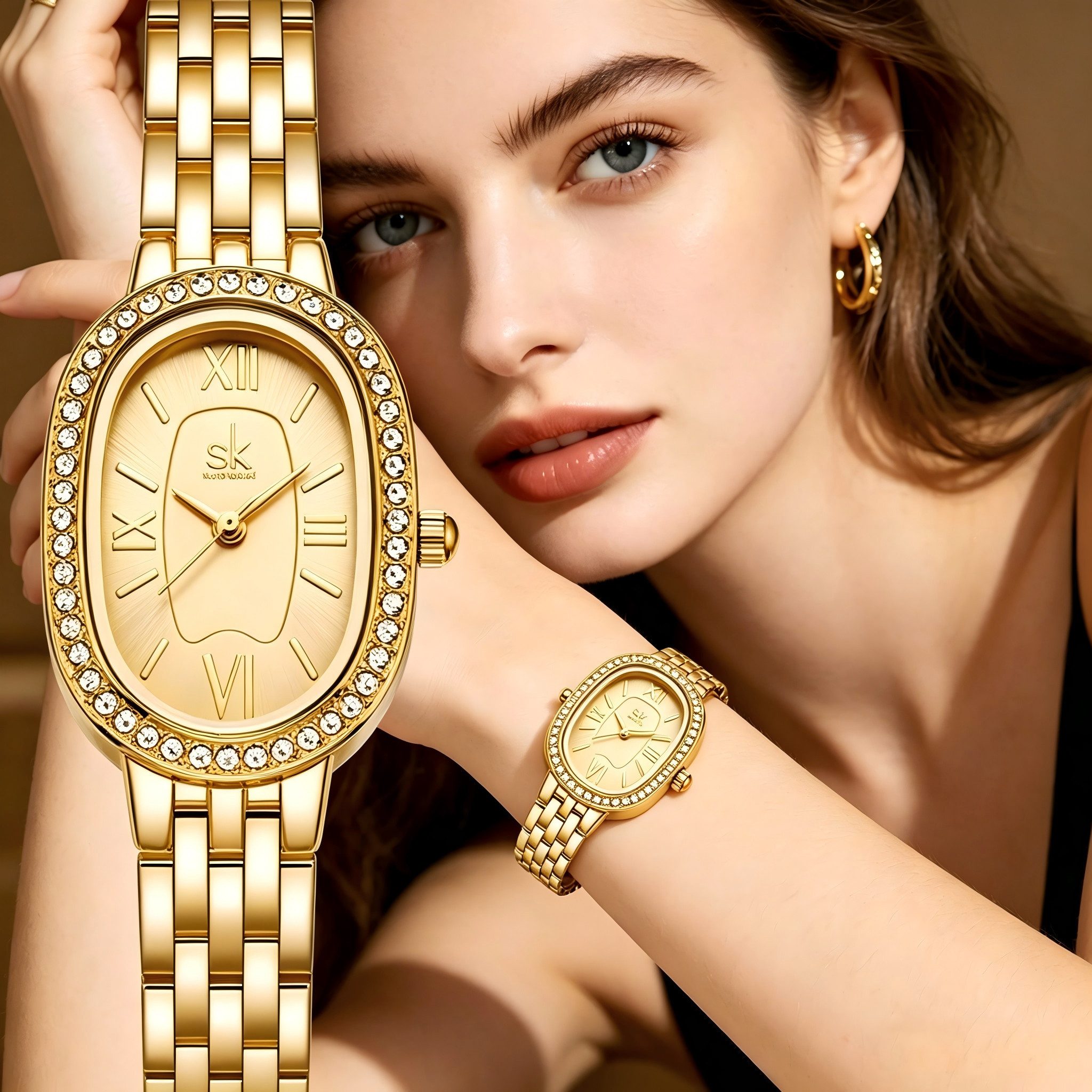 Toomoke Quarzuhr Goldene Uhr Damen, Armbanduhr,Multifunktionsuhr Armbanduhr, (Packung, 3ATM Wasserdicht, Datum, Mit Kristallen besetzt), elegant,Luxuriös
