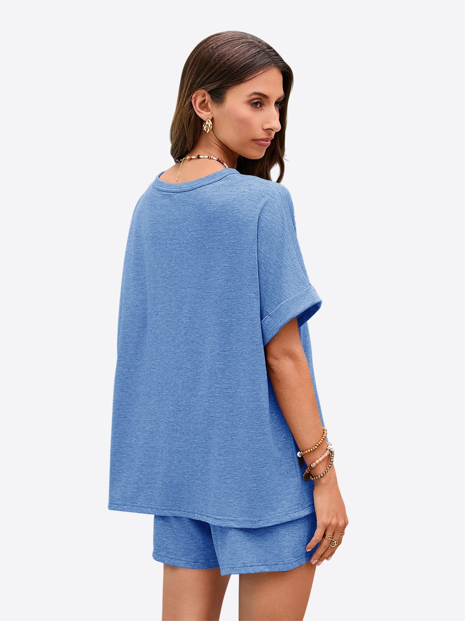 Imily Bela Hausanzug Damen 2-teilige Lounge-Sets (Set, 2 tlg., Oversized Kurzarm-T-Shirts + Shorts mit Kordelzug) einfarbig