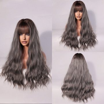 AUKUU Kostüm-Perücke Graue Farbverlaufsperücke für Damen langes Haar, Wasserwellen Pony langes lockiges Haar Perücken Set