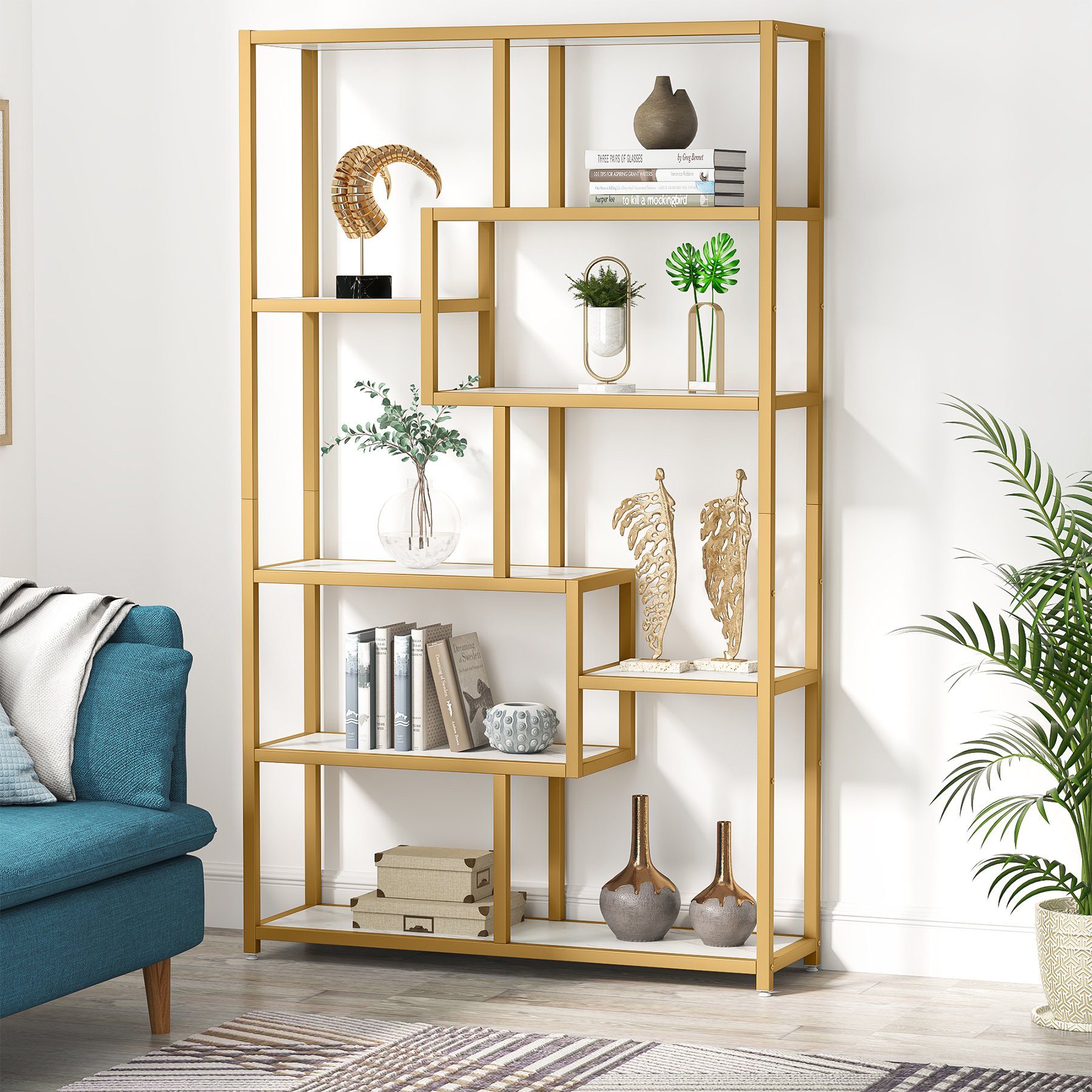 Tribesigns Vitrine 180 cm hohes Bücherregal, modernes Golden weißes Eck-Bücherregal