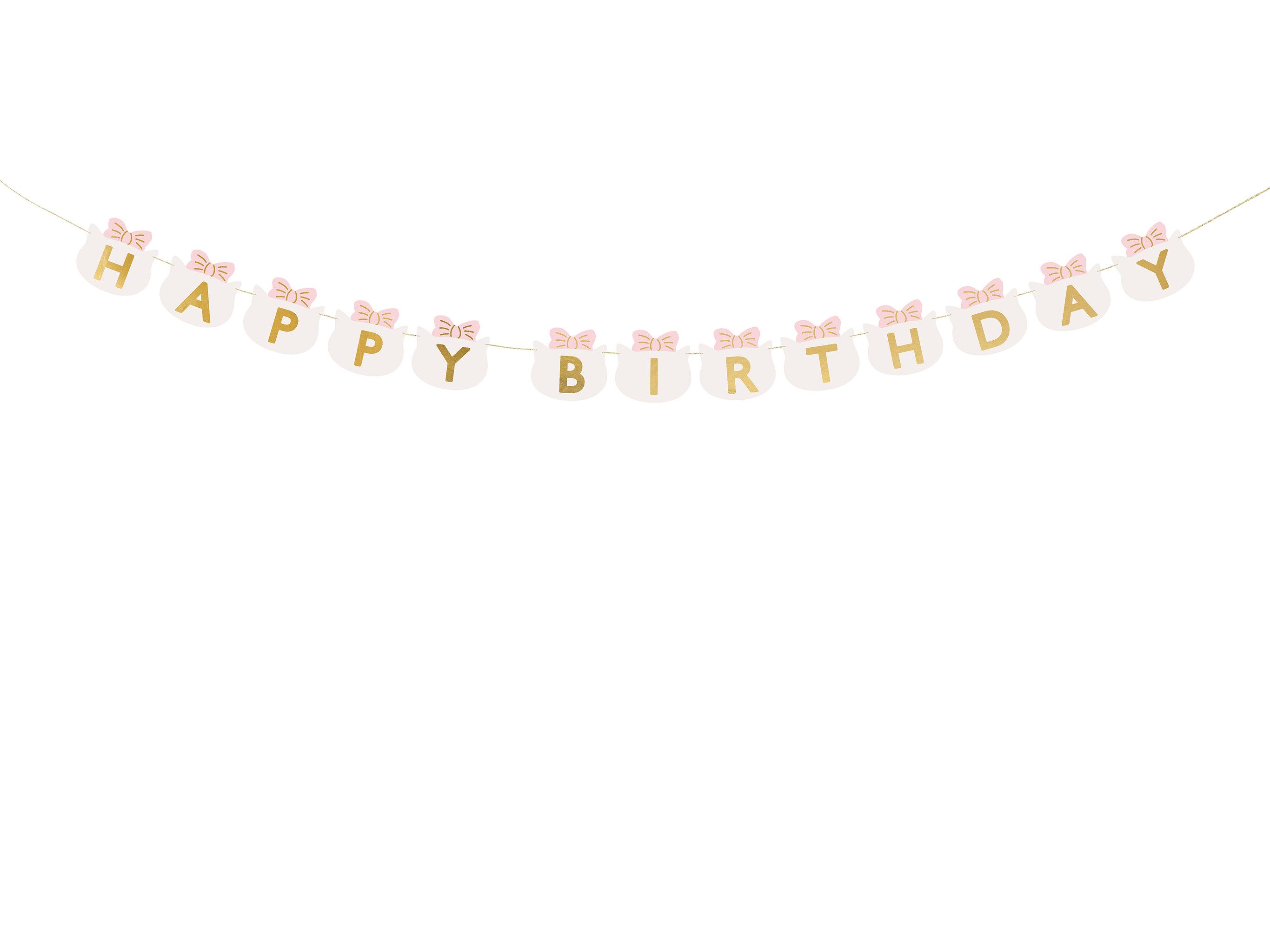 partydeco Girlande, Happy Birthday Girlande 12x280cm Banner mit Katzen Motiv Rosa / Gold