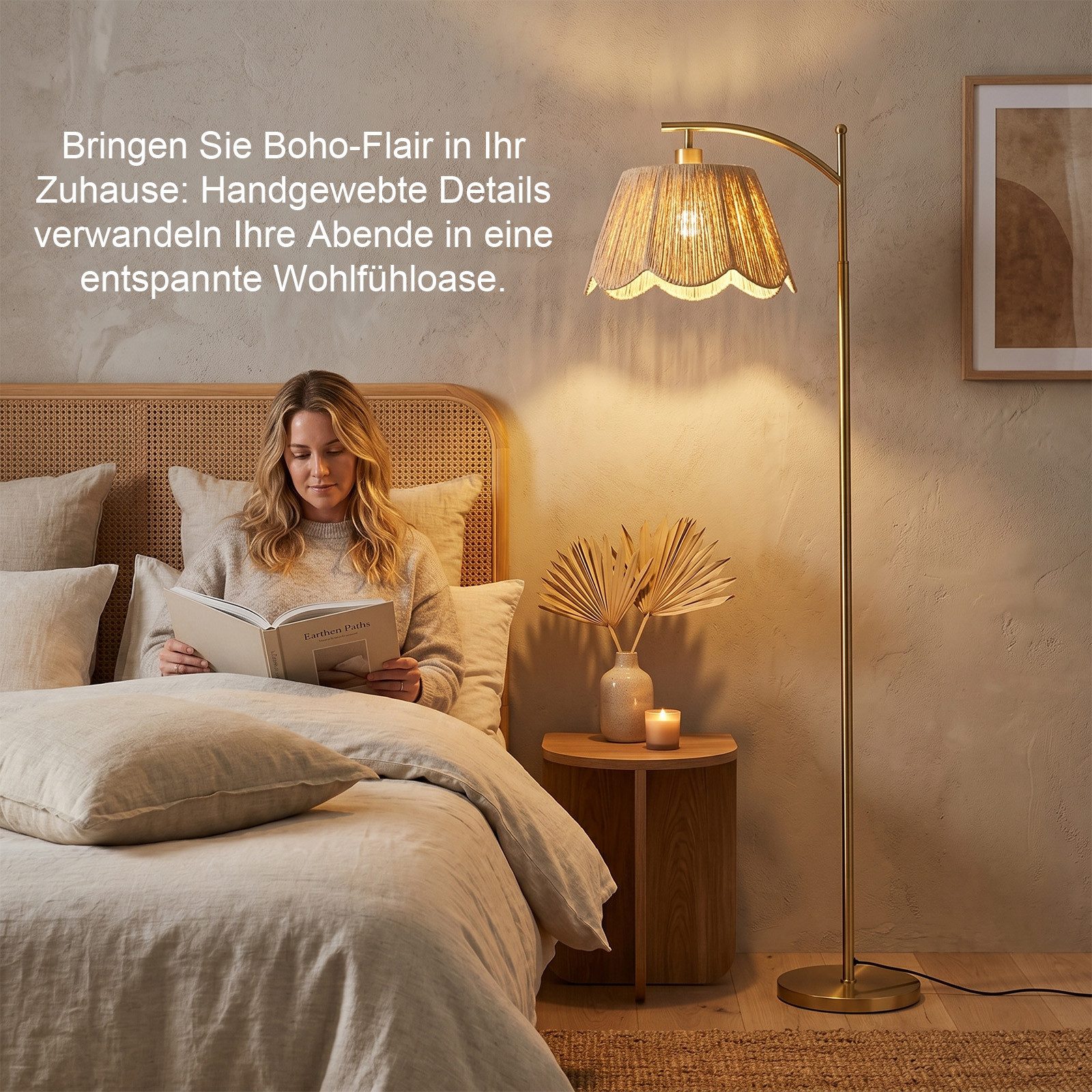 Rosnek Stehlampe Boho Gold, Rattan-Schirm, dimmbare LED, Fernbedienung, 4 Lichtfarben, LED wechselbar, 170 cm Metalllampe, 12 W, für Wohnzimmer, Büro & Leseecke
