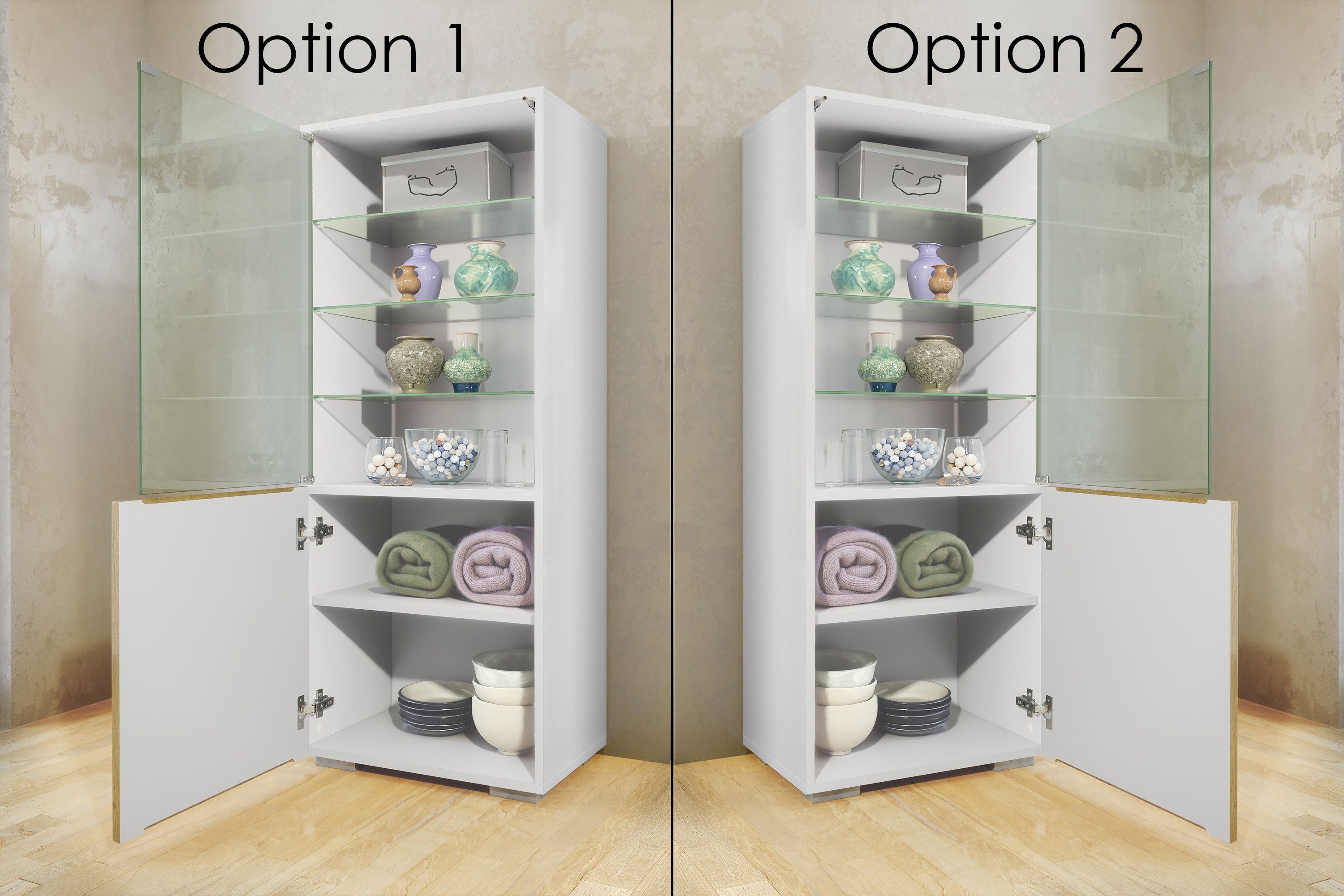 Vladon Standvitrine Granada (Vitrinenschrank, mit Glastür und Glaseinsatz) Weiß matt/Eiche Nordic (50 x 122,5 x 34,5 cm)