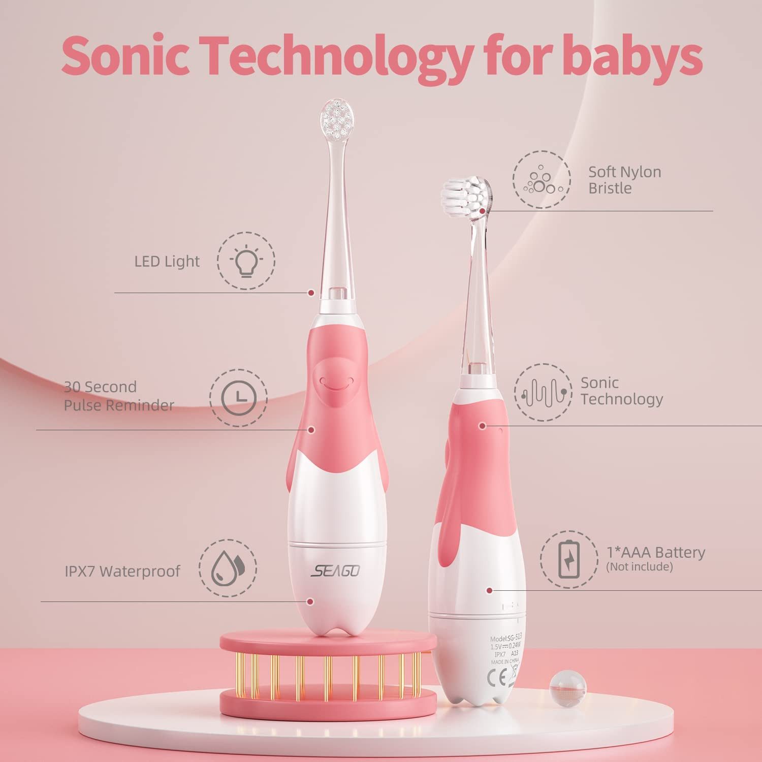 Seago Schallzahnbürste SG-513, Aufsteckbürsten: 4 St., Baby Elektrische Schall Zahnbürste 0-3
