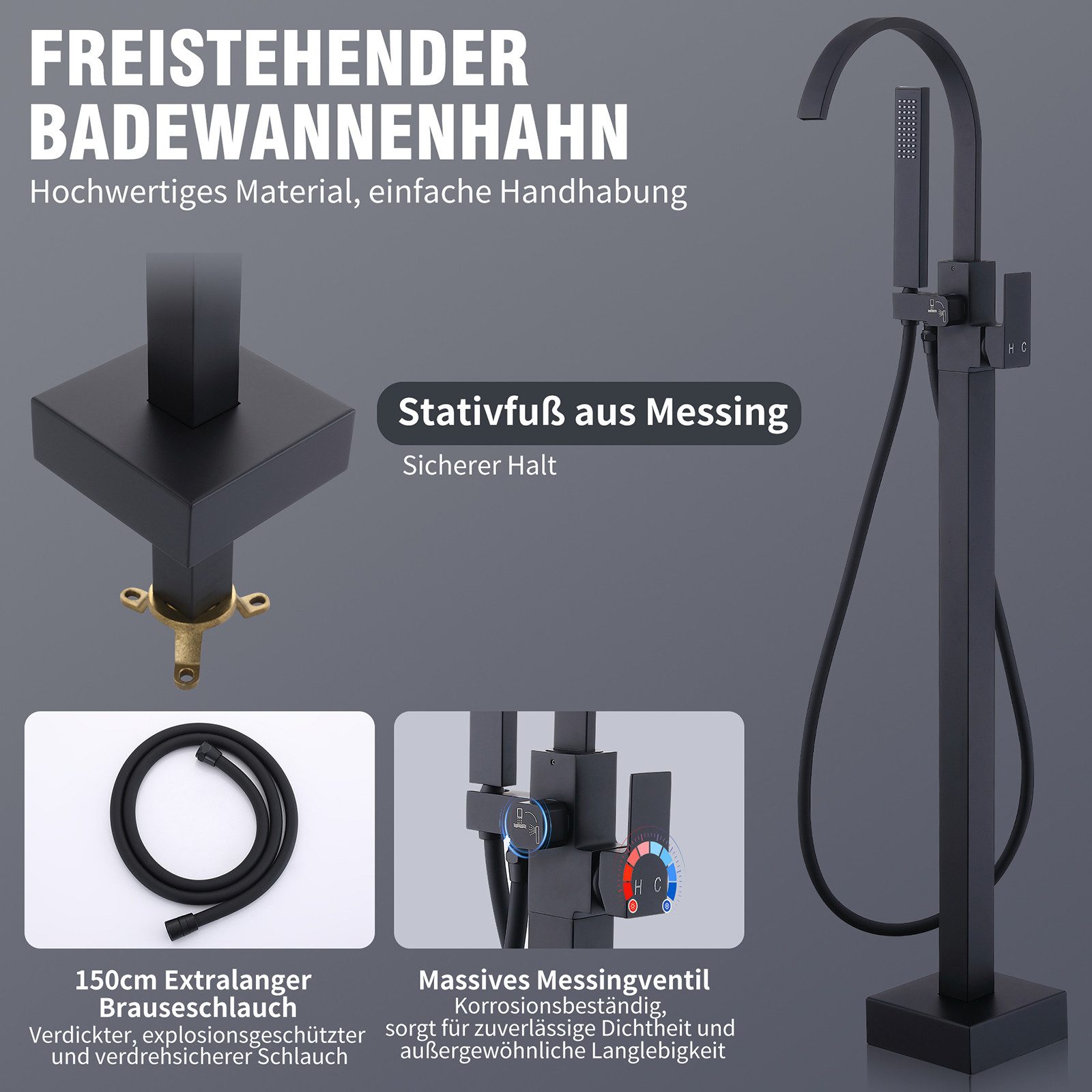 HOMELODY Wannenarmatur Schwarz freistehende Wannenarmatur Messing mit Handb günstig online kaufen