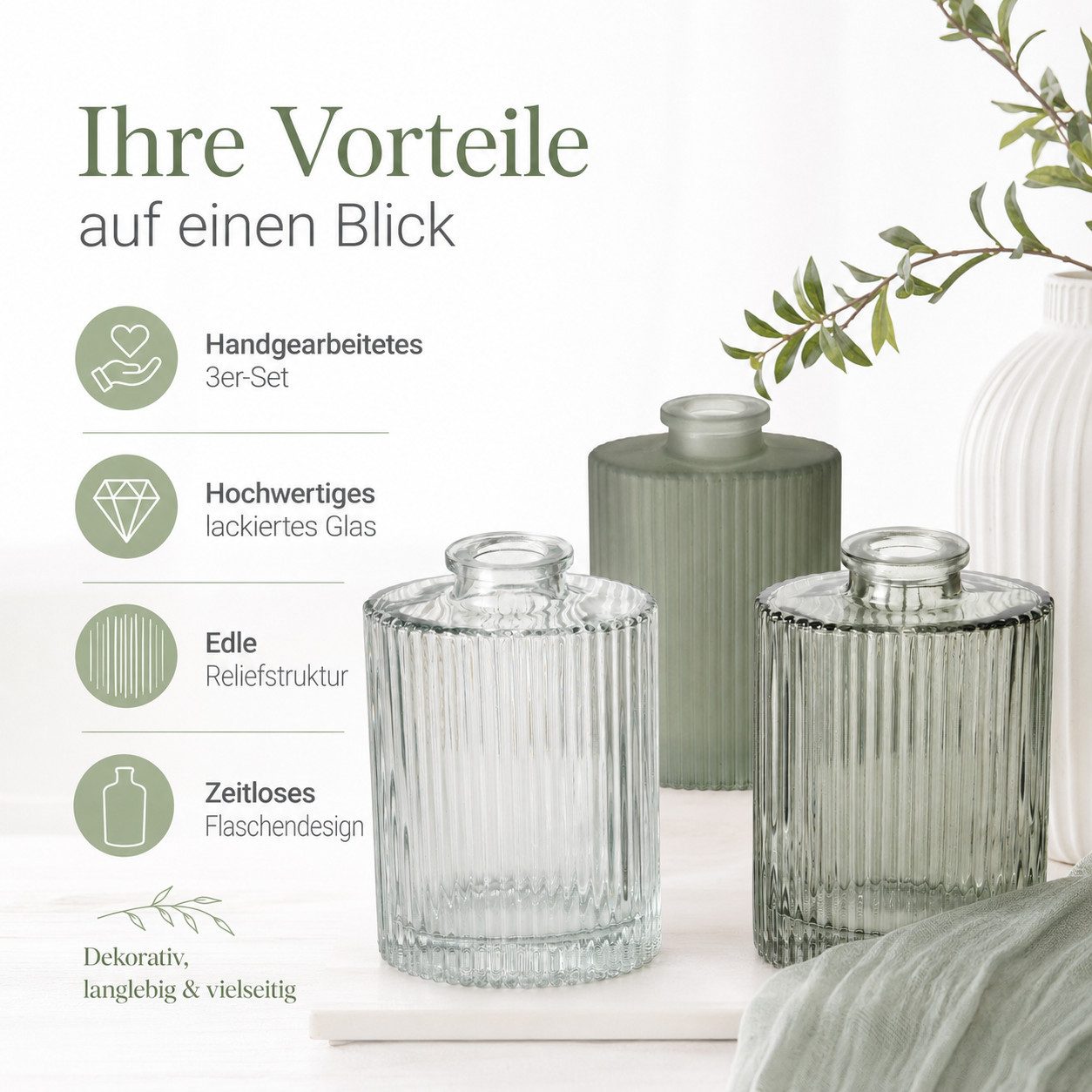 BOLTZE Tischvase Vasen 3er Set Glas 8x5x11,5cm Grün Salbeigrün Mini-Vasen (3er-SET)