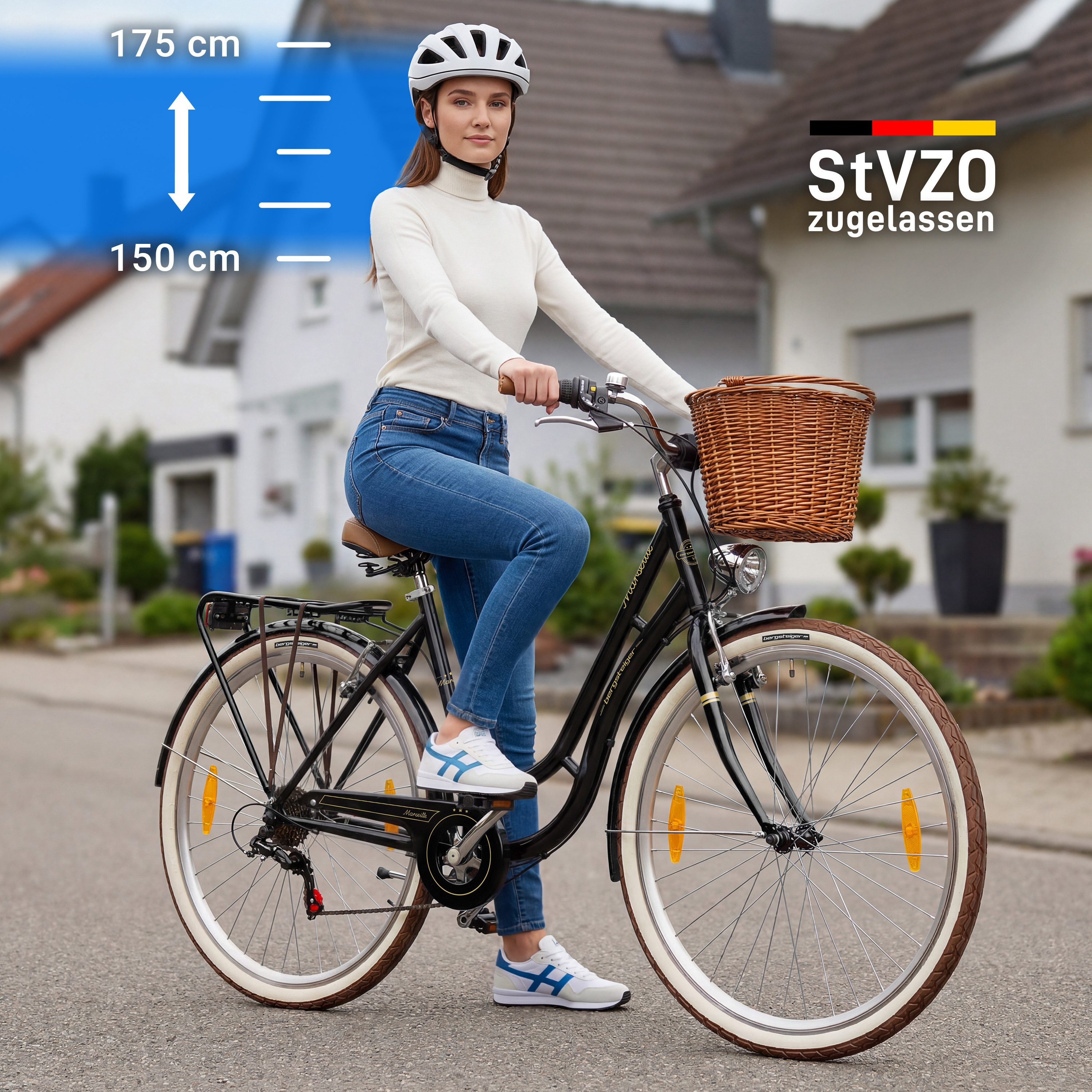 bergsteiger Cityrad Marseille 26 Zoll, 28 Zoll Damenfahrrad, ab 150 cm, Korb aus Rattan, 6 Gang, Kettenschaltung, V-Bremsen