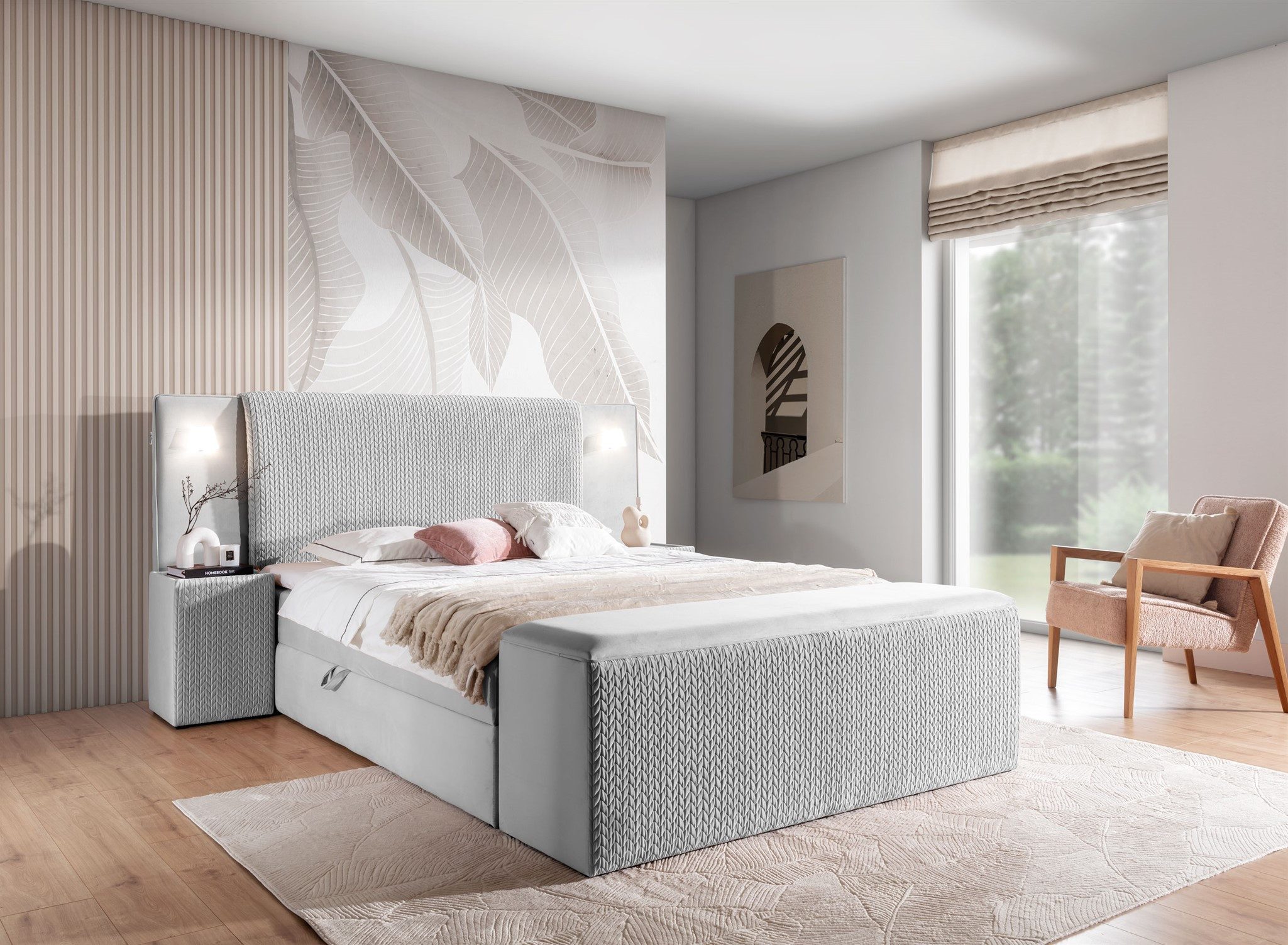 Fun Möbel Boxbett Bett MARTEN Überlänge in Stoff Magic Velvet Set.2 (inkl. Bettkästen und Kaltschaumtopper, inkl. 2 Nachttische und gehärtetes Glas), Ambiente-Beleuchtung mit Touch Funktion im Kopfteil
