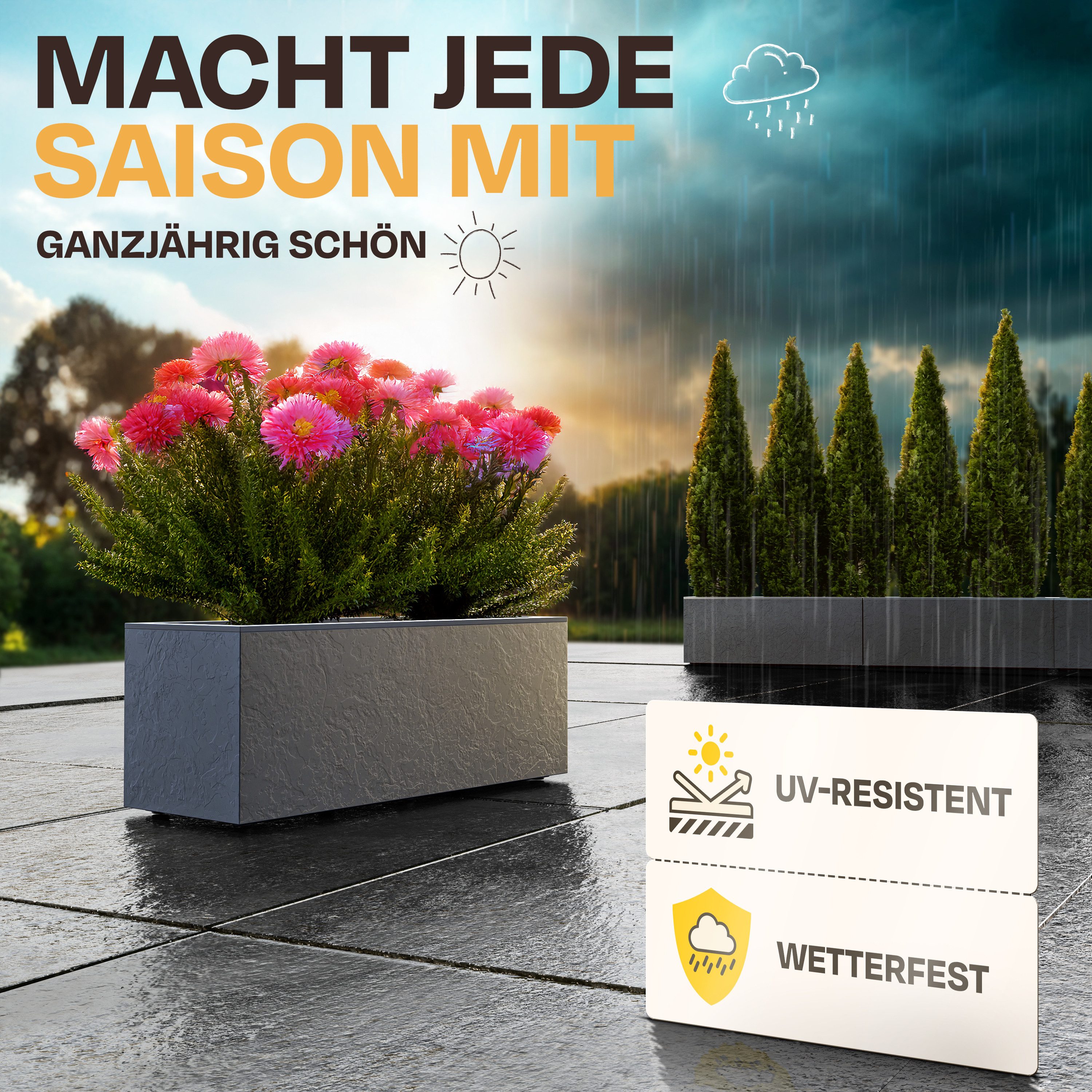 ONDIS24 Blumenkasten Vulkan 57L Gestein/Basalt Optik mit Wasserspeicher Pflanzenkasten, 79.5 x 29.5 x 29.5 (H) cm