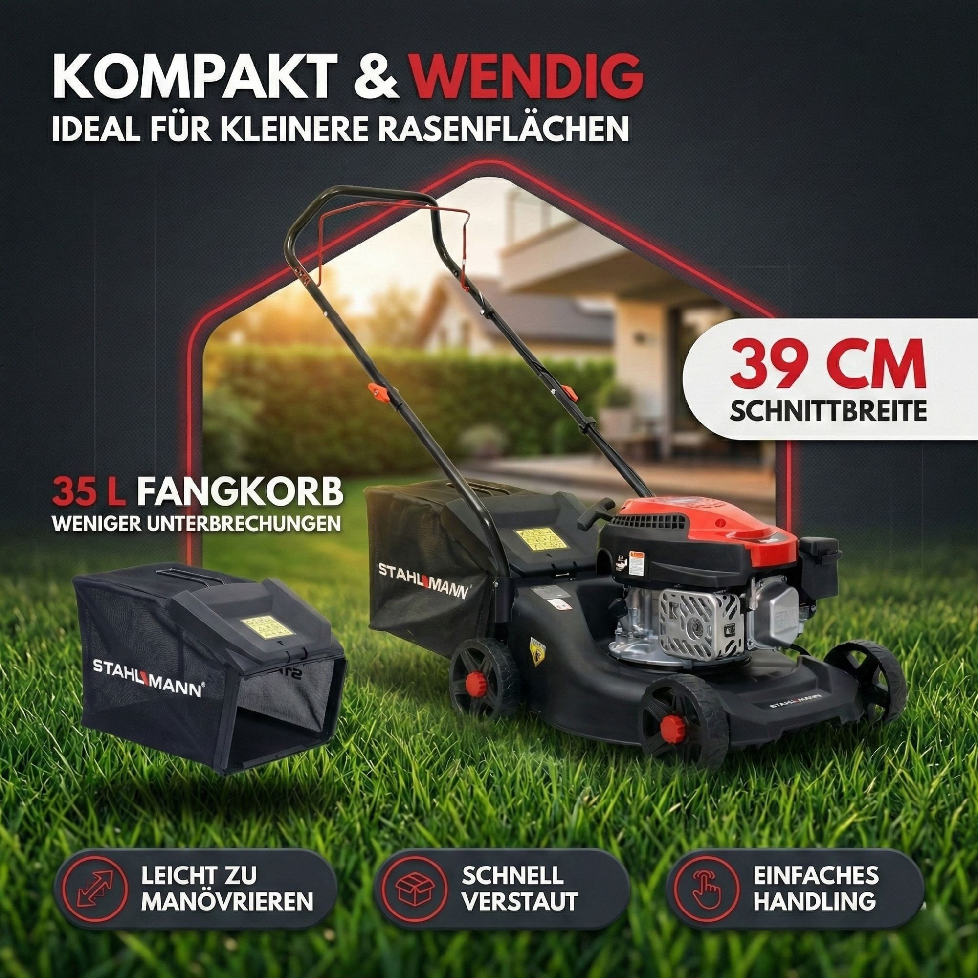 Stahlmann Benzinrasenmäher Rasenmäher Benzin BR390 – 4,0PS (2,9kW) 127ccm, 39 cm Schnittbreite, 39cm Schnittbreite, EasyClean, 35L Korb