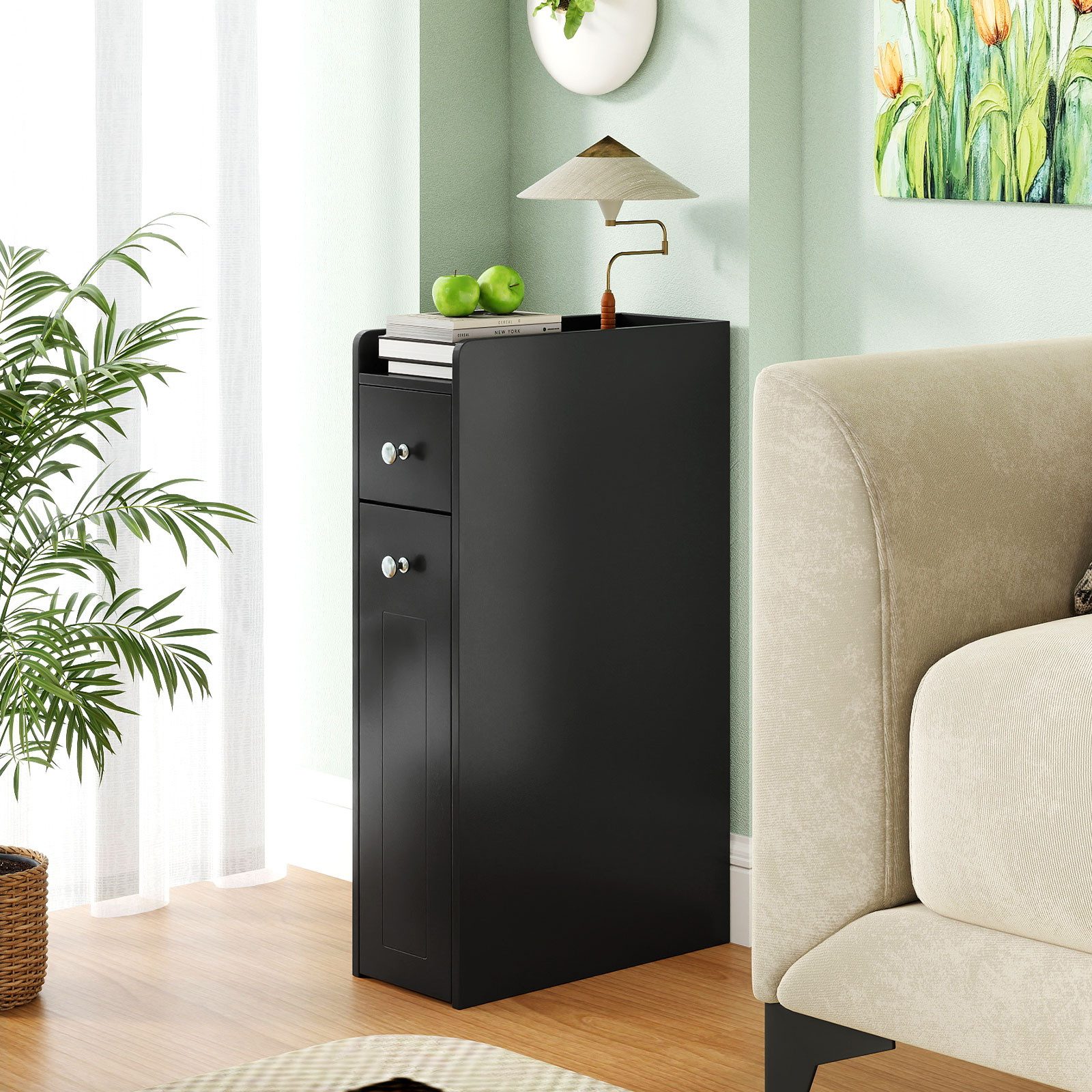 KOMFOTTEU Badkommode Nischenschrank Nischenregal Badezimmerschrank, mit Schublade & Rollen – Bild 3 von 5