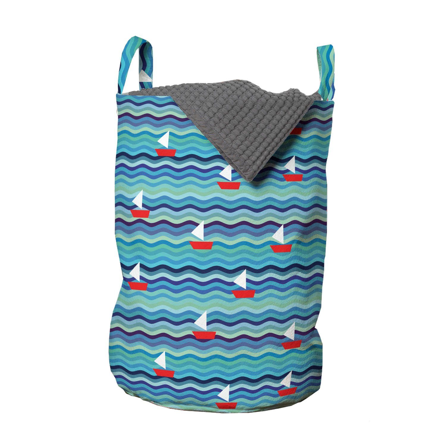 Abakuhaus Wäschesäckchen Wäschekorb mit Griffen Kordelzugverschluss für Waschsalons, Nautisch Boote auf abstrakte Wellen