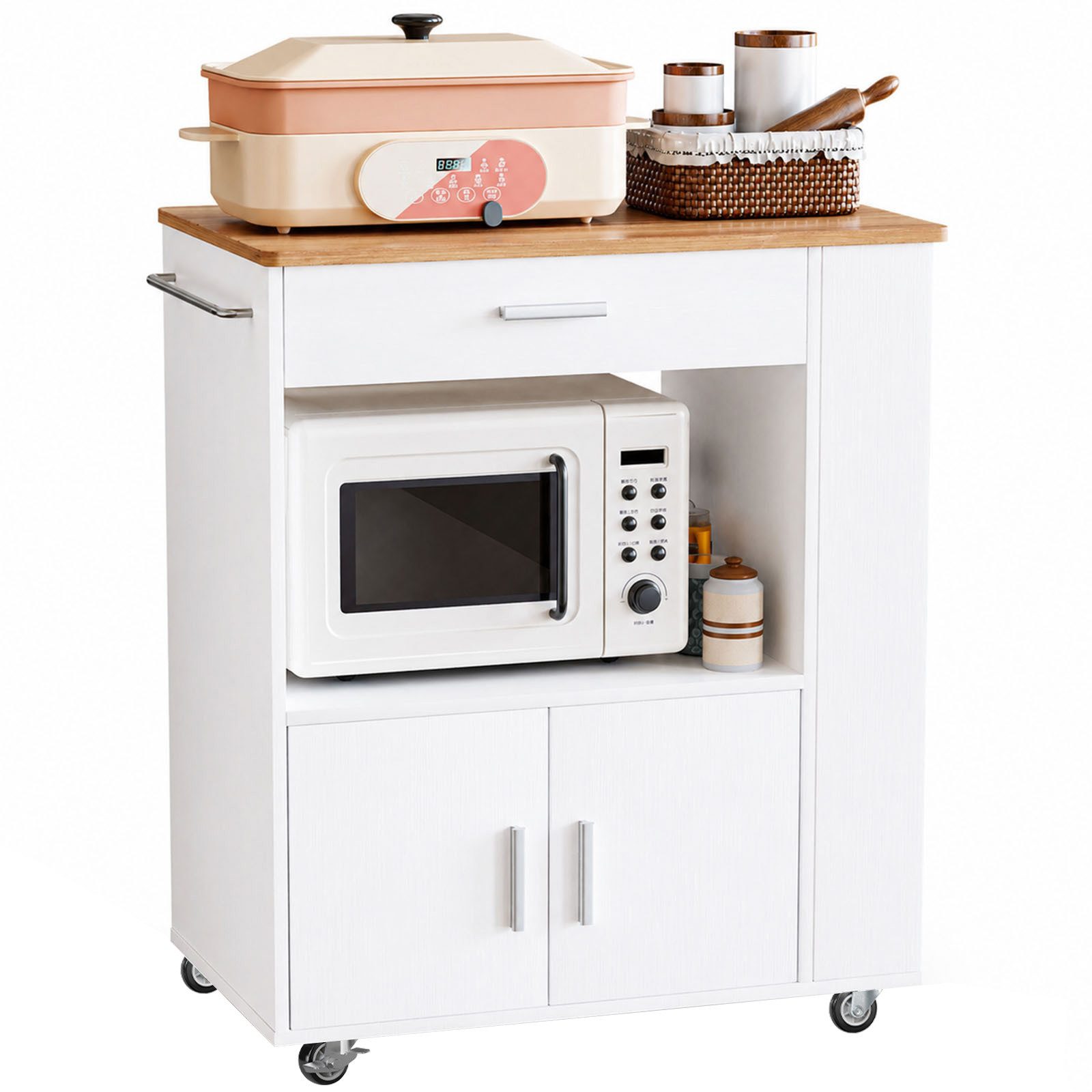Yorbay Küchenwagen mit Rollen,Servierwagen mit Arbeitsplatte, Kücheninsel Freistehend, (75*46*88 cm), Küchenschrank mit Schublade & 3 Gewürzregalen