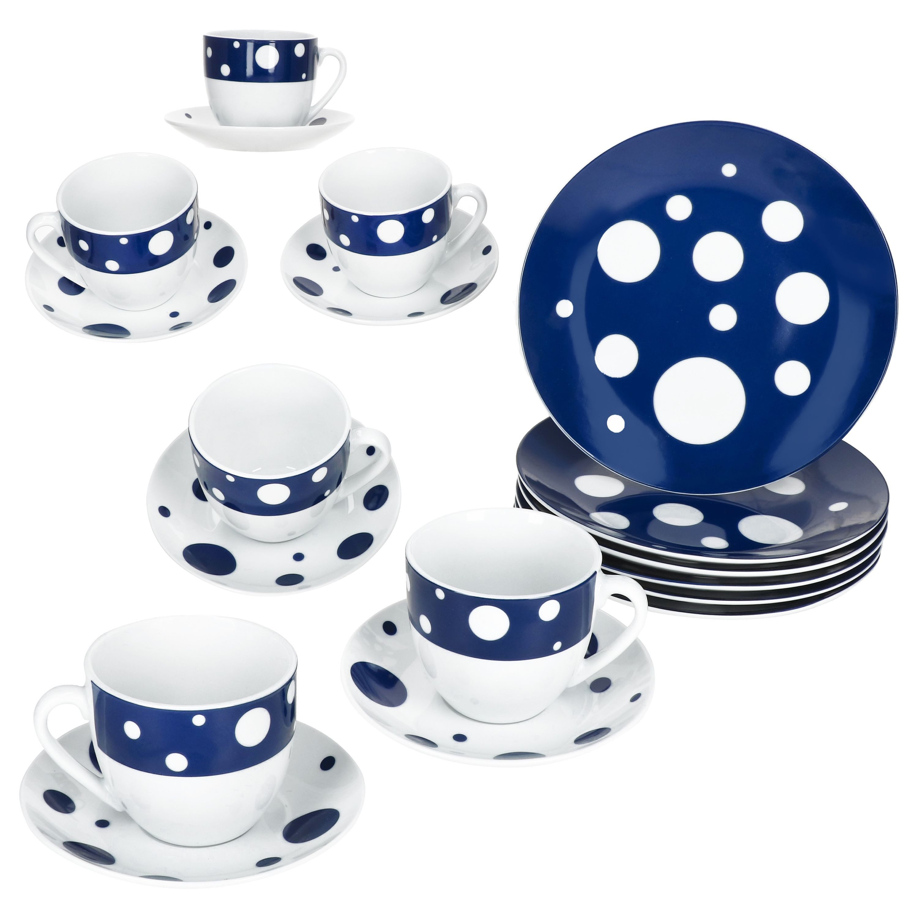 MamboCat Kaffeeservice 18tlg Kaffeeservice Pula blau Porzellan 6 Pers. Tassen Teller Punkte, Porzellan