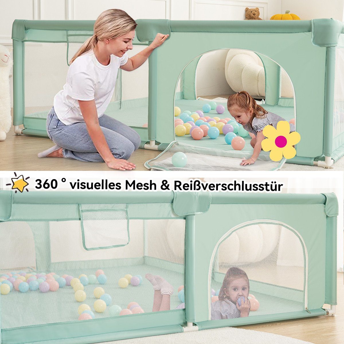 180x150x66cm Grün(150x180x66cm) Krabbelgitter Baby Schutzgitter Kinder Comomy Kugeln Laufgitter, mit