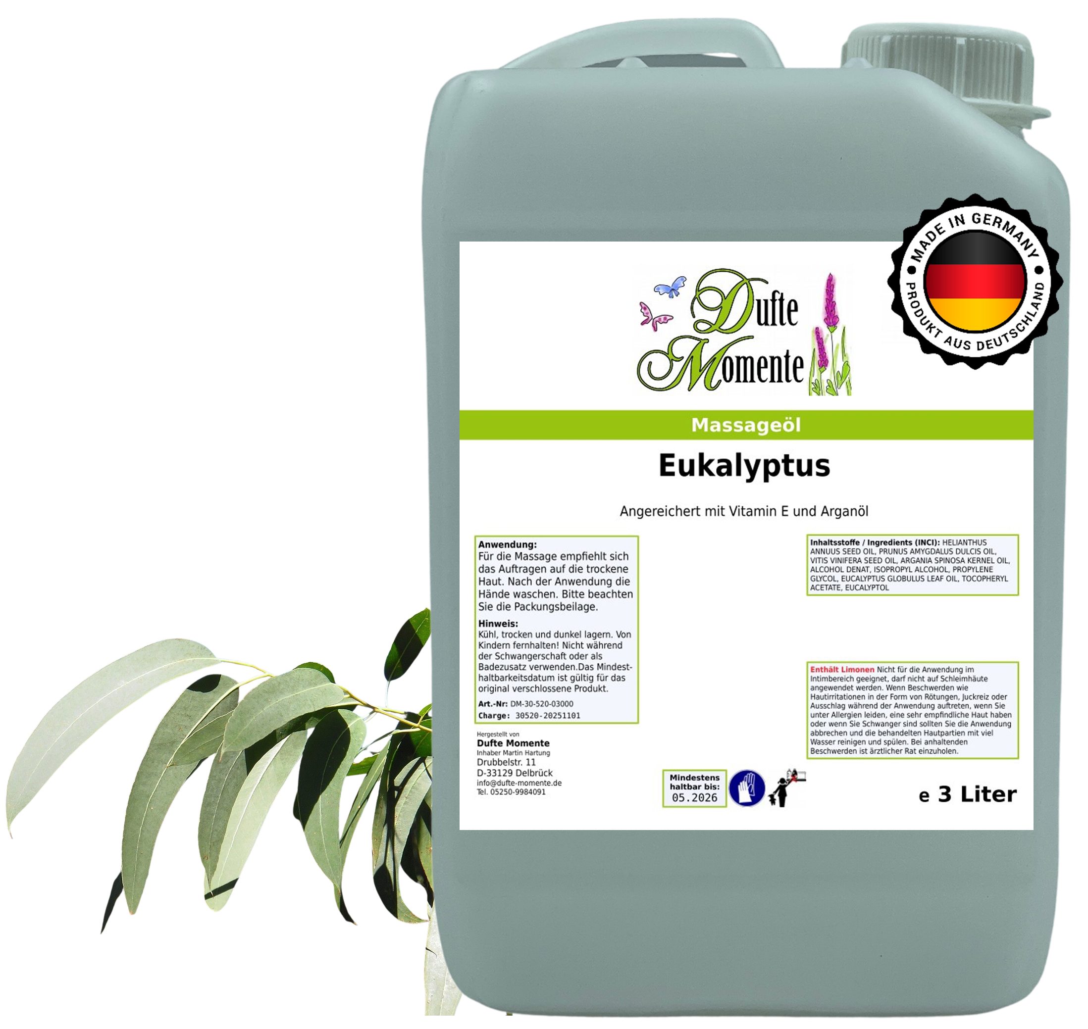 Dufte Momente Massageöl Eukalyptus 250ml - 3 L, hochwertige Pflanzenöle als Basis, vegan und ohne Tierversuche