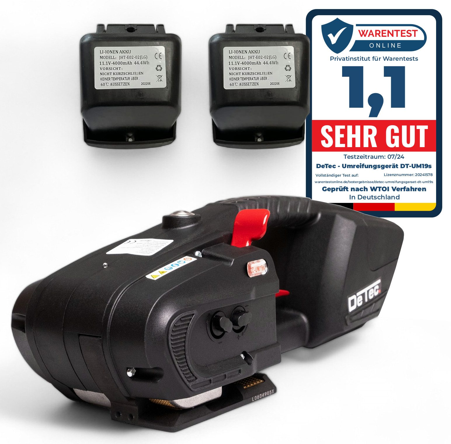 DeTec. Elektrowerkzeug-Set UM19s Umreifungsgerät mit 2 Akkus für Kunststoffbänder (PE und PP), Bandspanner, Handumreifer mit 2x 4,0 A/H Li-Ionen Akku