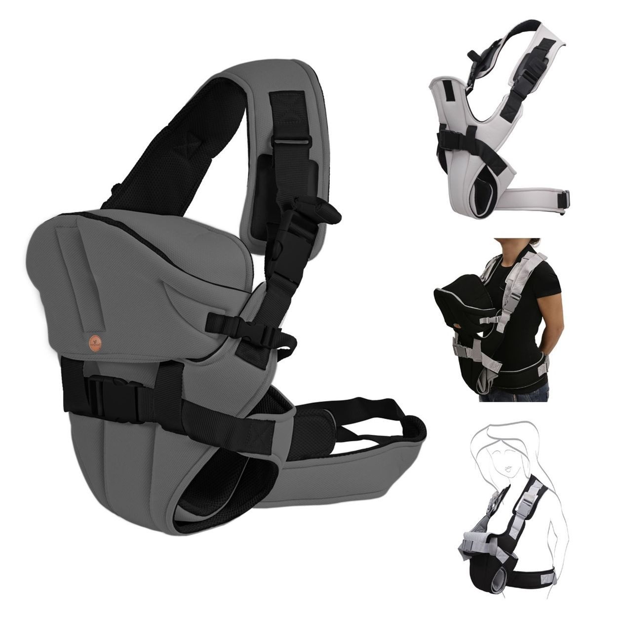 Moni Babytrage Carry go 2 in 1, Bauchtrage, Hüfttrage, abnehmbare Kopfstütze, Stillposition, 13 kg