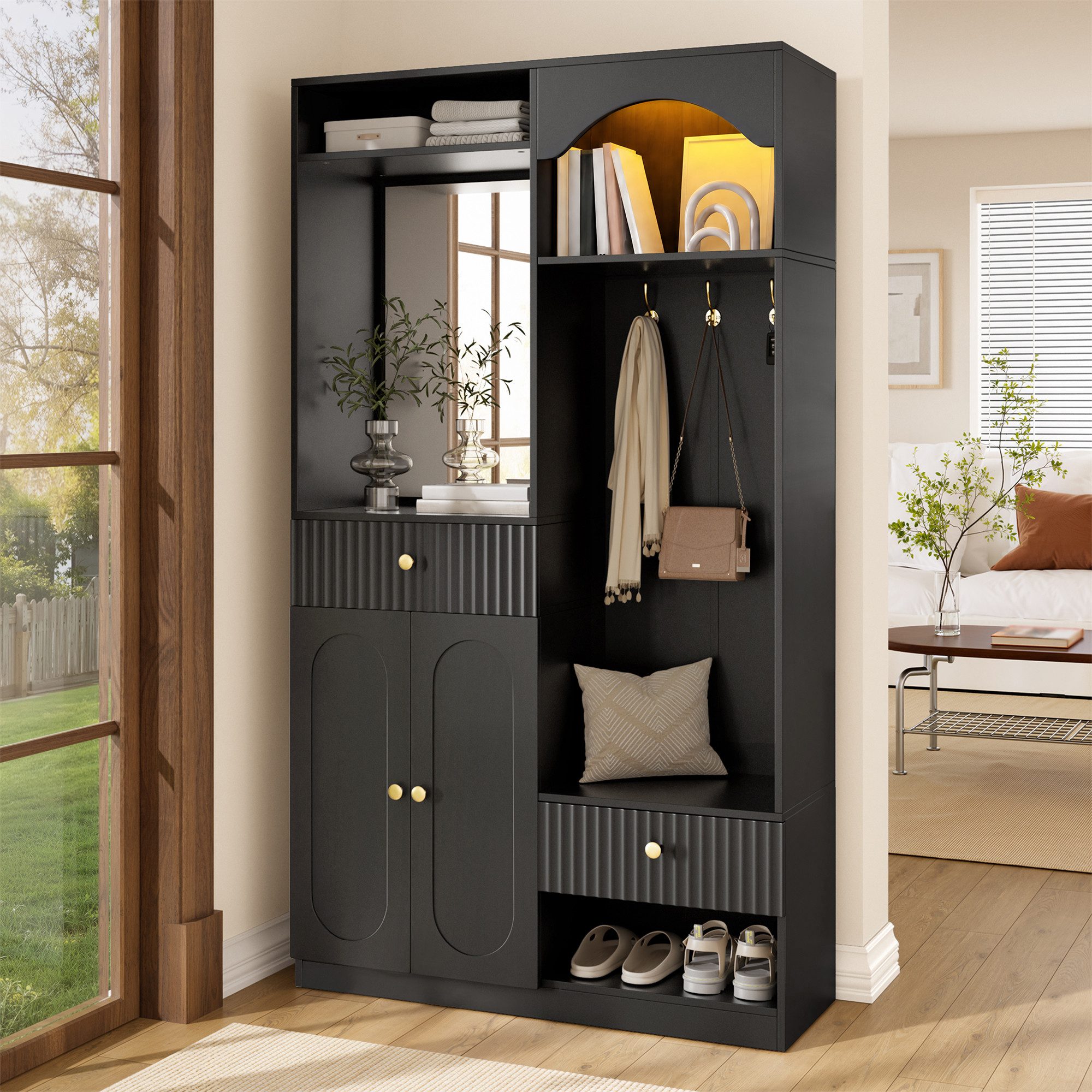 Merax Kompaktgarderobe mit Spiegel & Sitzbank (100 x 35 x 180 cm, 1-St) Garderoben-Set Flurgarderobe mit Schuhschrank, Haken & Stauraum