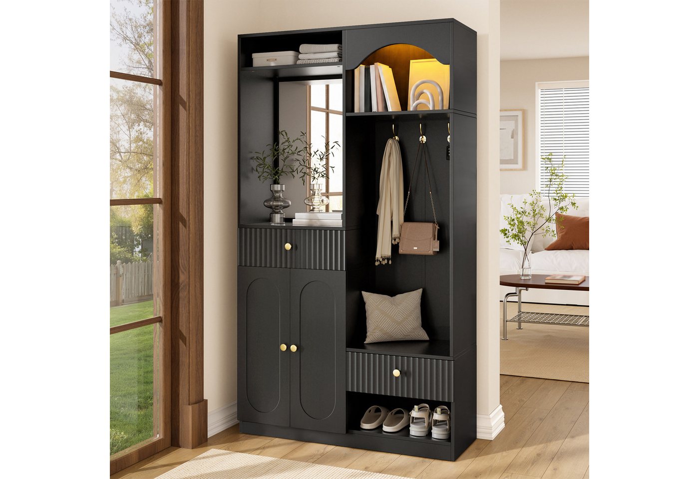 Merax Kompaktgarderobe mit Spiegel & Sitzbank (100 x 35 x 180 cm, 1-St) Garderoben-Set Flurgarderobe mit Schuhschrank, Haken & Stauraum