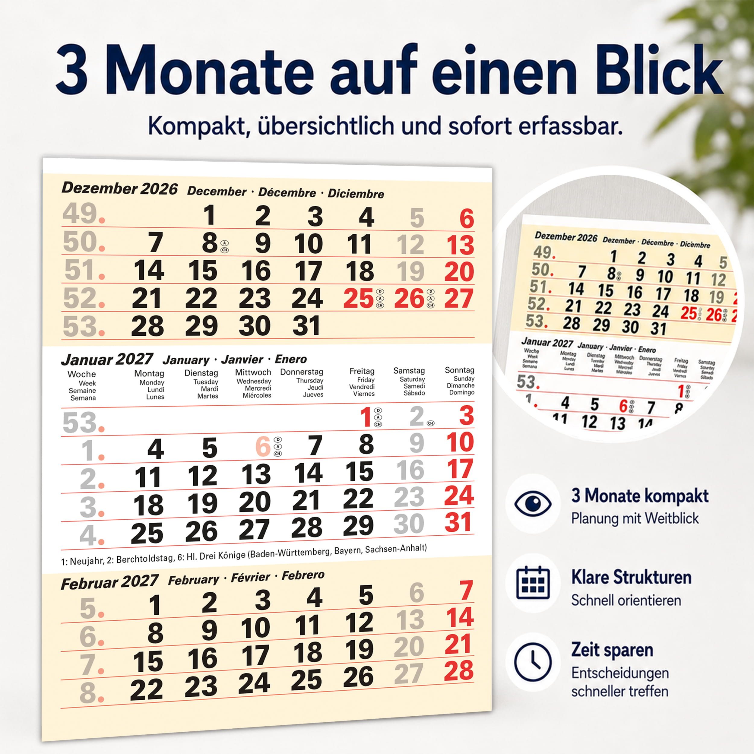 TOBJA Tischkalender Ersatz-Kalendarium 2027 magnetisch für Tischkalender (Sand), Ersatzblock, ohne Aufsteller, 3 Monate, magnetisch, Feiertage